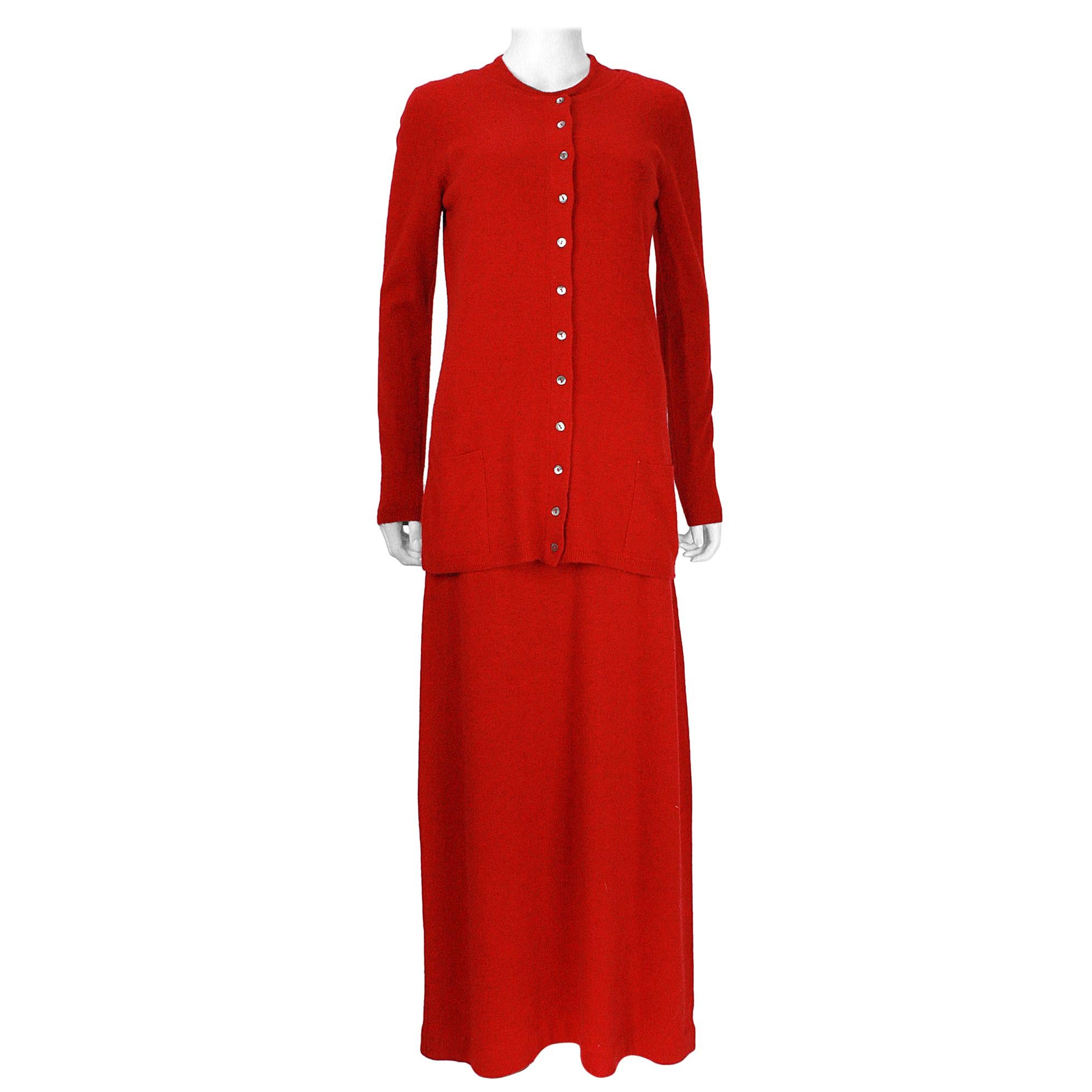 1970s Halston International Red Cashmere Long Tank Dress and Cardigan Set