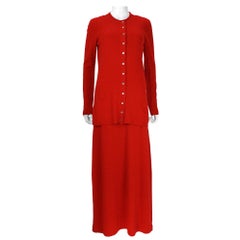 Halston International - Ensemble robe longue débardeur et cardigan en cachemire rouge, années 1970