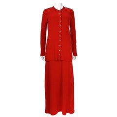 Halston International - Ensemble robe longue débardeur et cardigan en cachemire rouge, années 1970