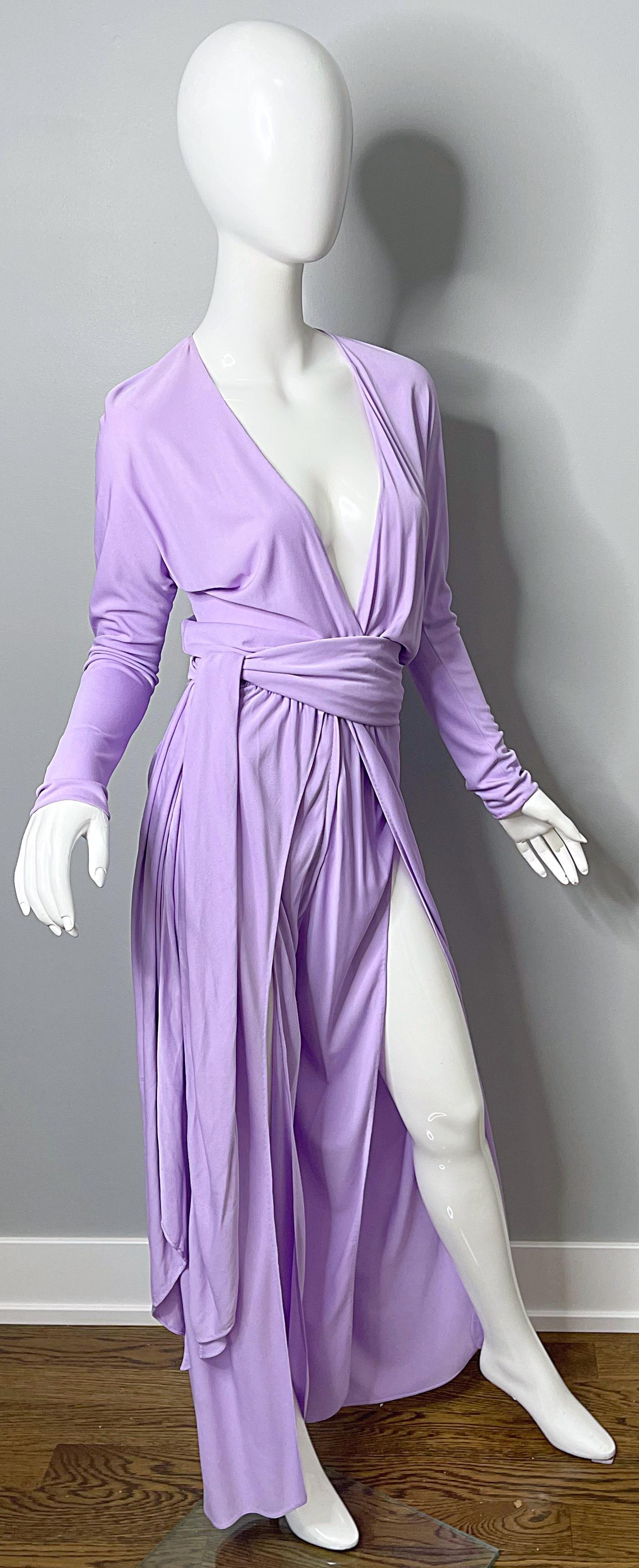 1970s Halston Jumpsuit Lilac Lavender Purple Silk Jersey w/ Sash Belt 70s 3