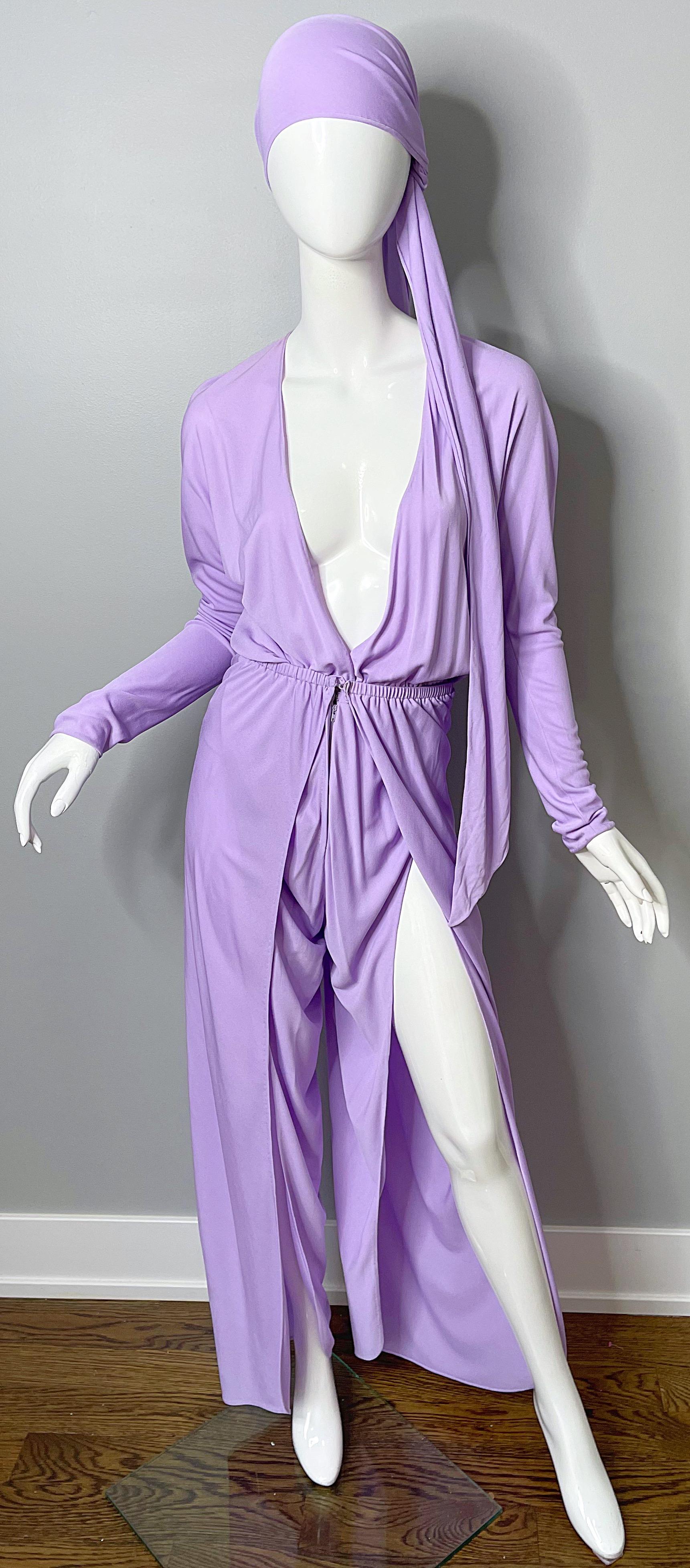1970s Halston Jumpsuit Lilac Lavender Purple Silk Jersey w/ Sash Belt 70s 5