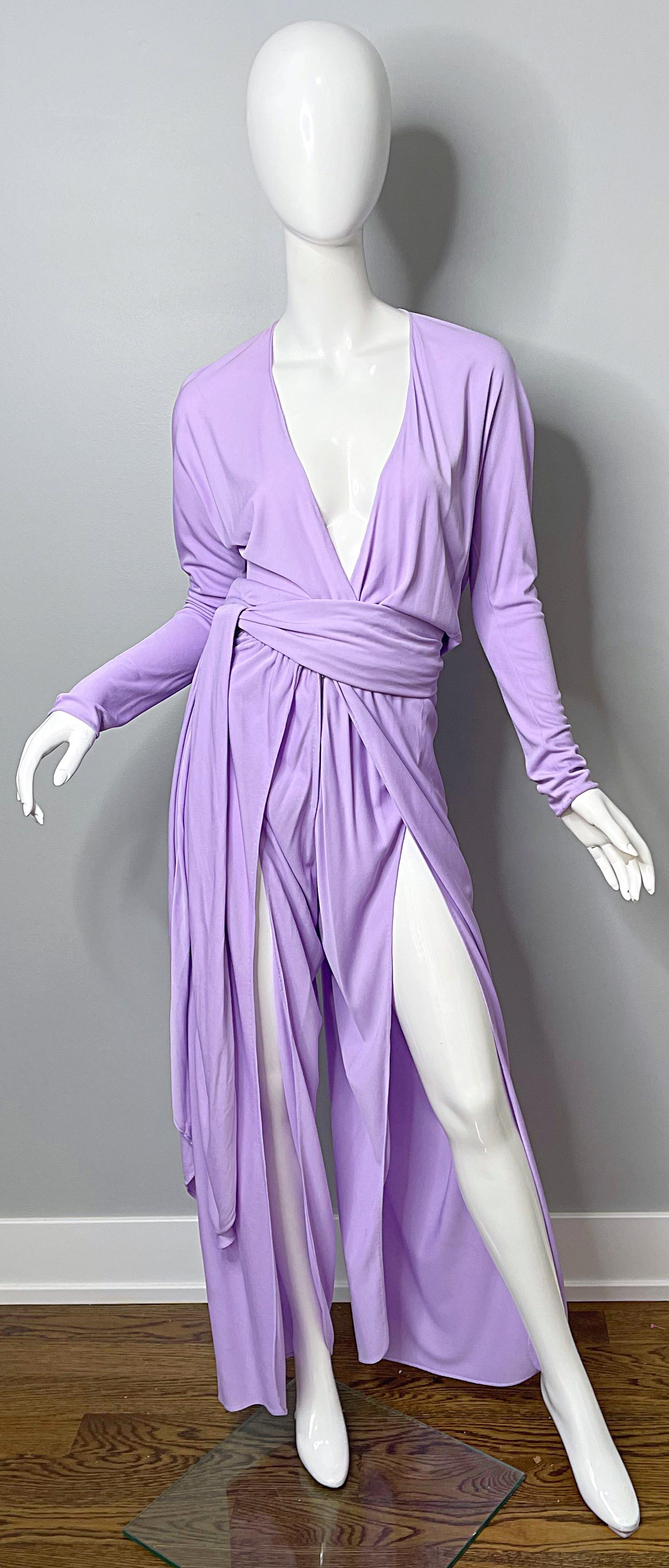 1970s Halston Jumpsuit Lilac Lavender Purple Silk Jersey w/ Sash Belt 70s 8