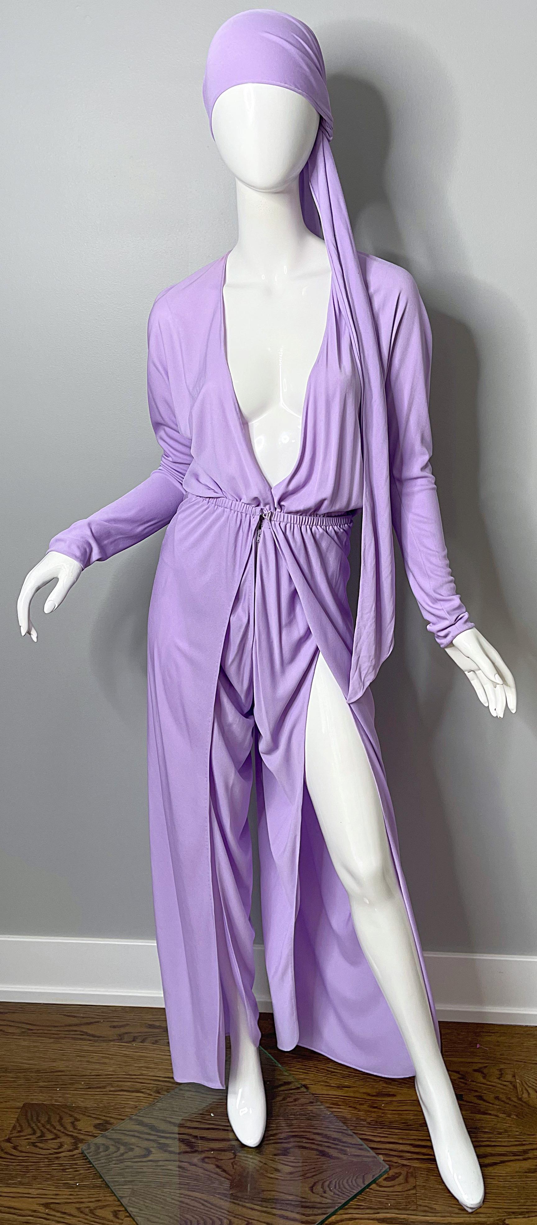 1970s Halston Jumpsuit Lilac Lavender Purple Silk Jersey w/ Sash Belt 70s 9