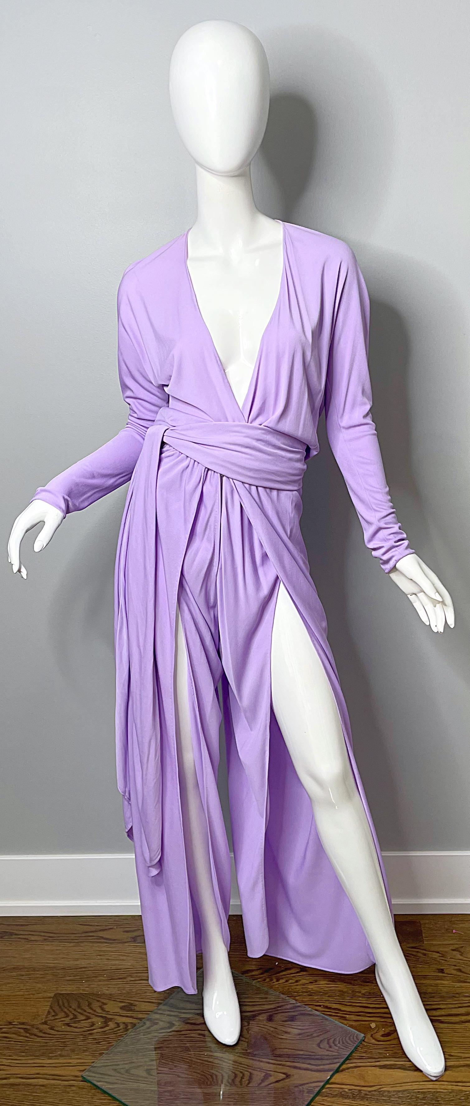 Museum worthy 1970s vintage HALSTON lilac / lavender / purple silk jersey disco jumpsuit and matching sash belt ! I have been collecting Halston pieces for years, and this has to be one of the most fascinating pieces I have every had the privilege