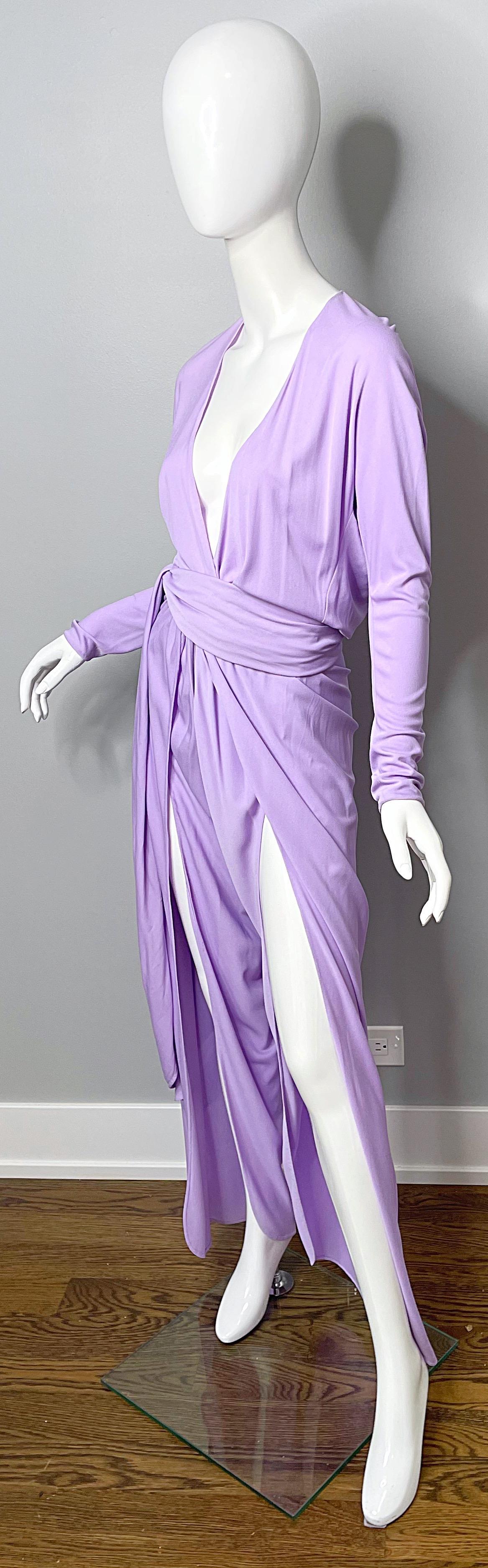 1970s Halston Jumpsuit Lilac Lavender Purple Silk Jersey w/ Sash Belt 70s In Excellent Condition In San Diego, CA