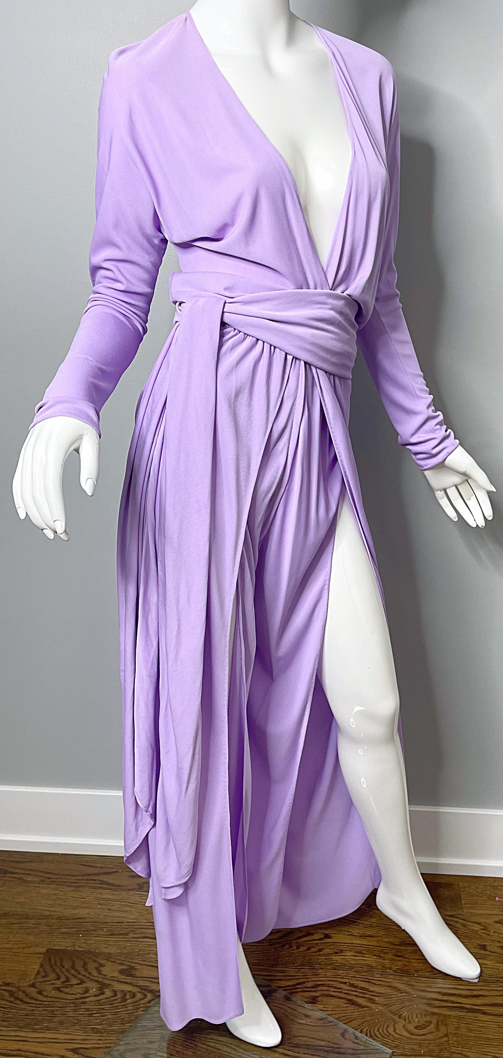 Women's 1970s Halston Jumpsuit Lilac Lavender Purple Silk Jersey w/ Sash Belt 70s