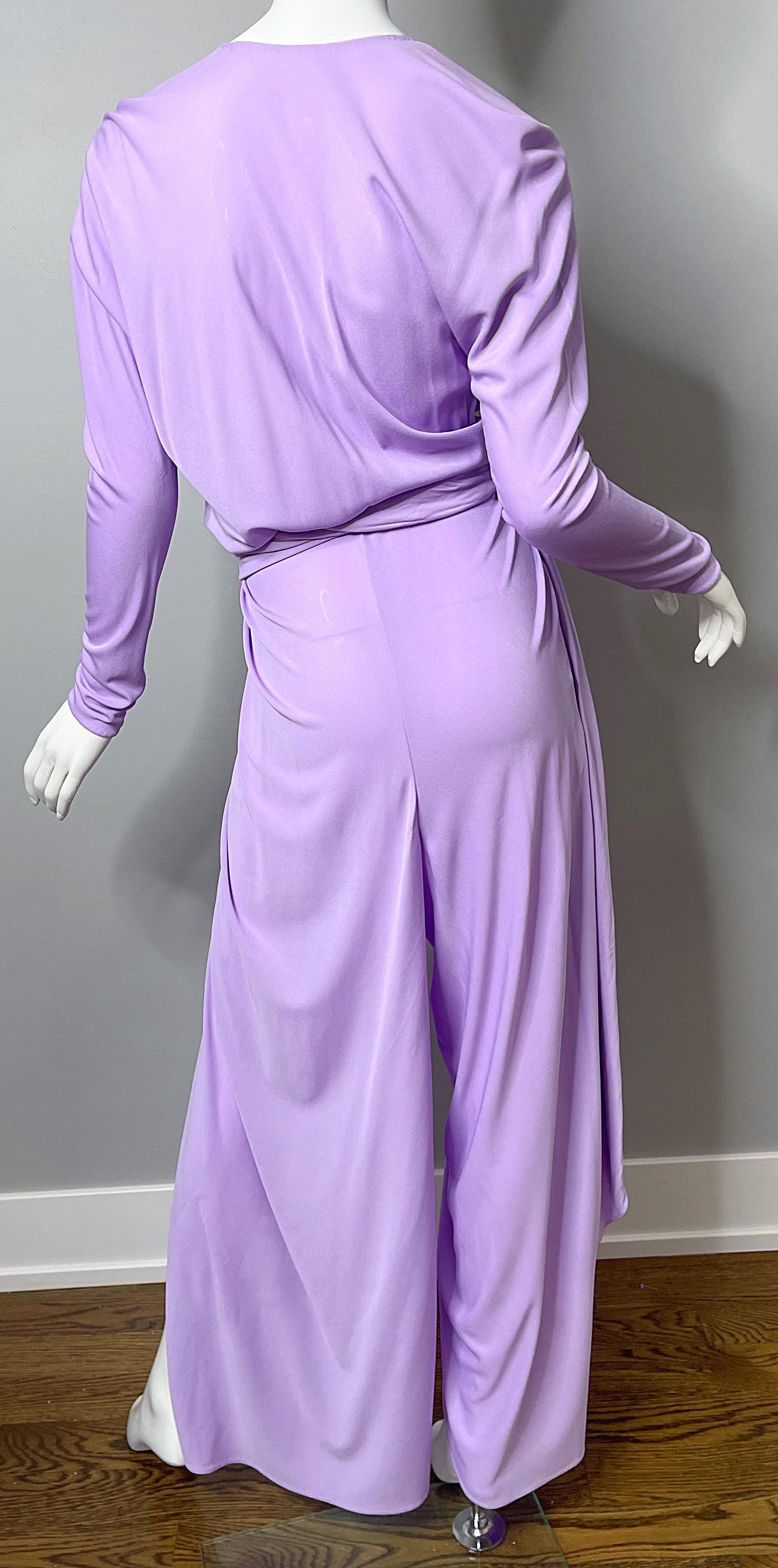 1970s Halston Jumpsuit Lilac Lavender Purple Silk Jersey w/ Sash Belt 70s 1