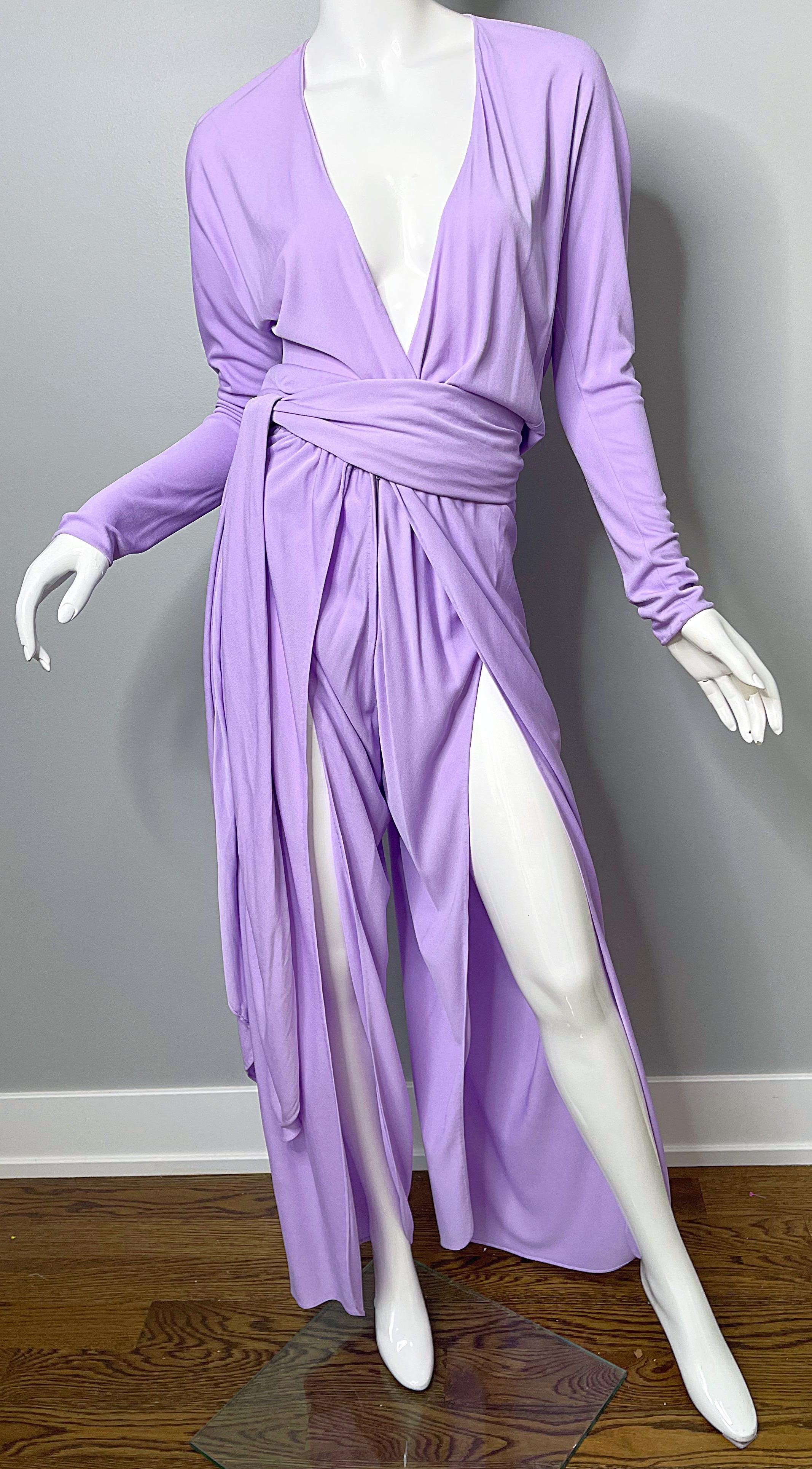 1970s Halston Jumpsuit Lilac Lavender Purple Silk Jersey w/ Sash Belt 70s 2