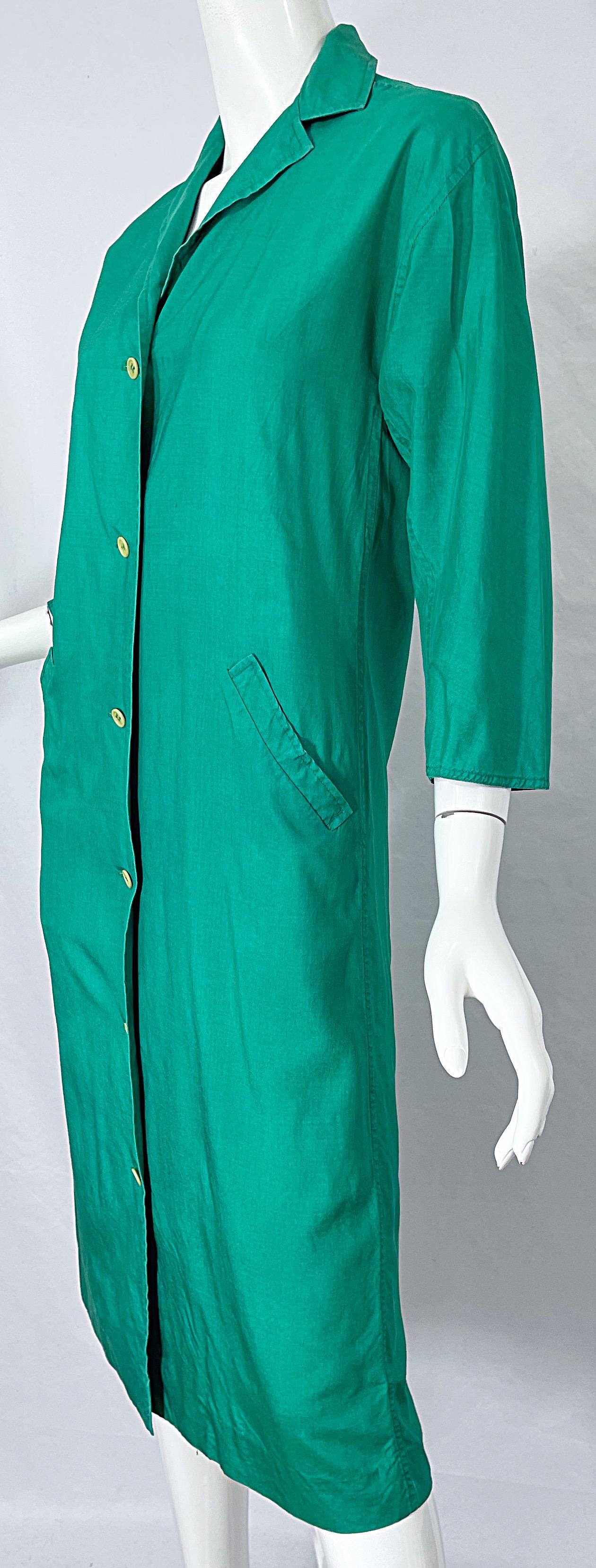 1970s Halston Kelly Green Silk 3/4 Sleeves Vintage 70s Shirt Dress w/ Pockets For Sale 3