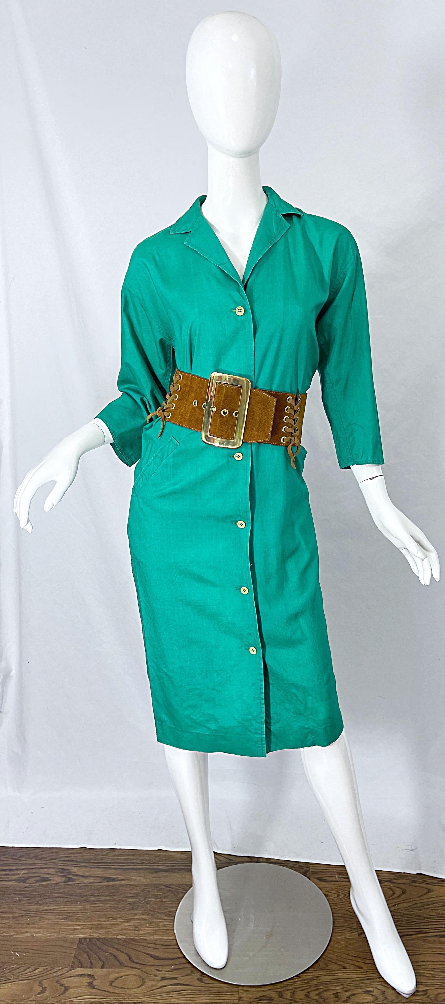 Women's 1970s Halston Kelly Green Silk 3/4 Sleeves Vintage 70s Shirt Dress w/ Pockets For Sale