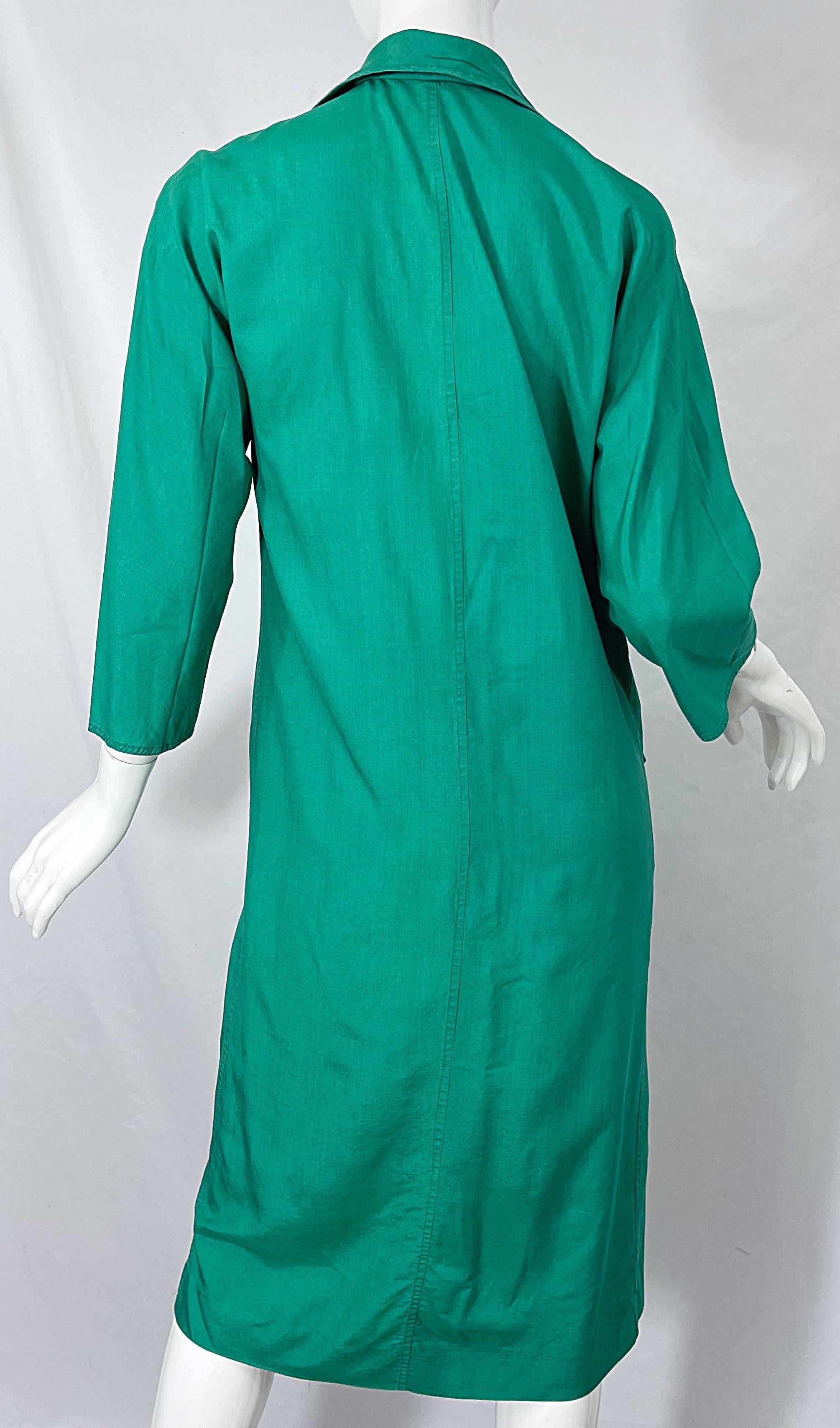 1970s Halston Kelly Green Silk 3/4 Sleeves Vintage 70s Shirt Dress w/ Pockets For Sale 1