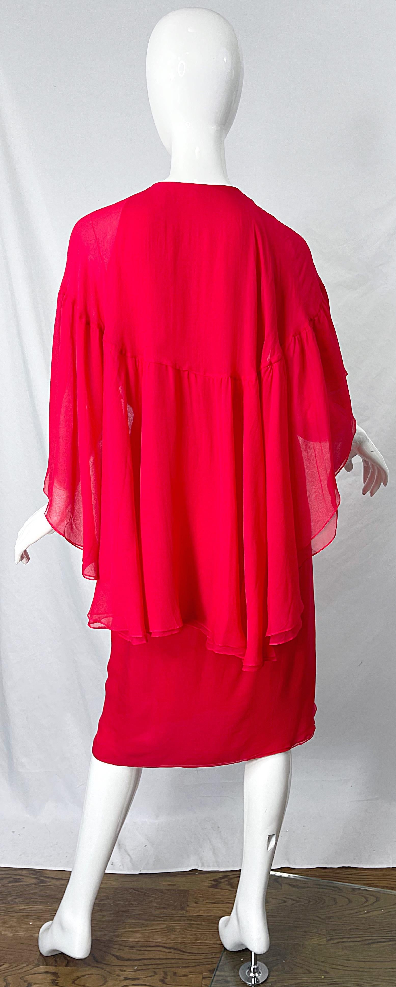 1970s Halston Lipstick Red Silk Chiffon Vintage 70s Wrap Cape Dress For Sale 3