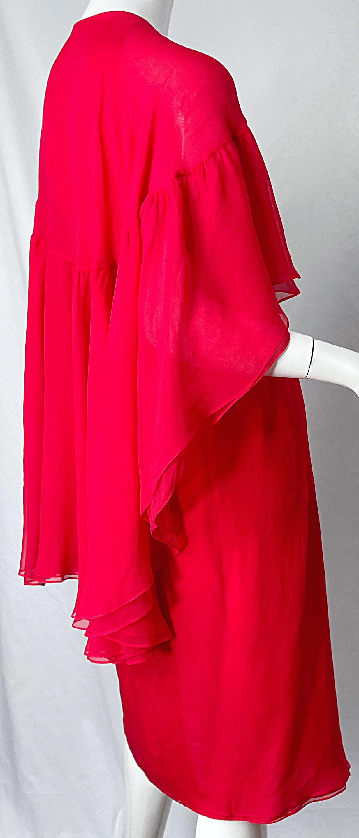 1970s Halston Lipstick Red Silk Chiffon Vintage 70s Wrap Cape Dress For Sale 4