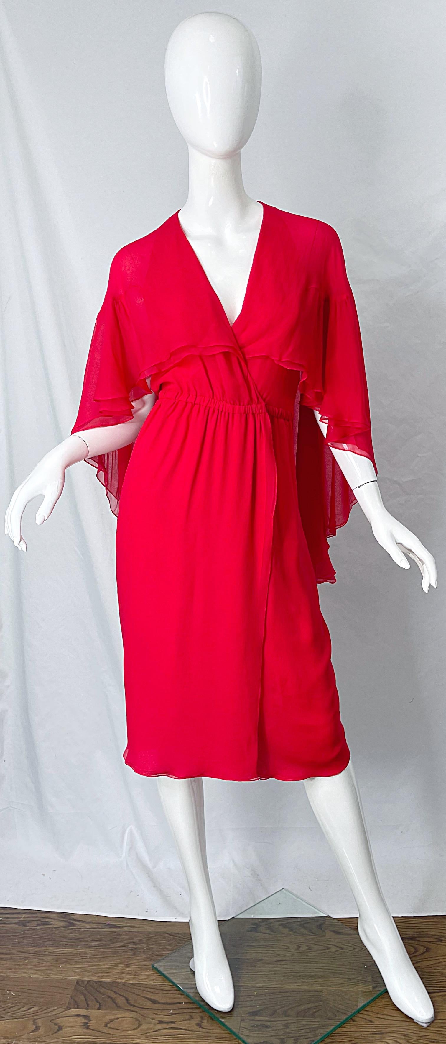 1970s Halston Lipstick Red Silk Chiffon Vintage 70s Wrap Cape Dress For Sale 5