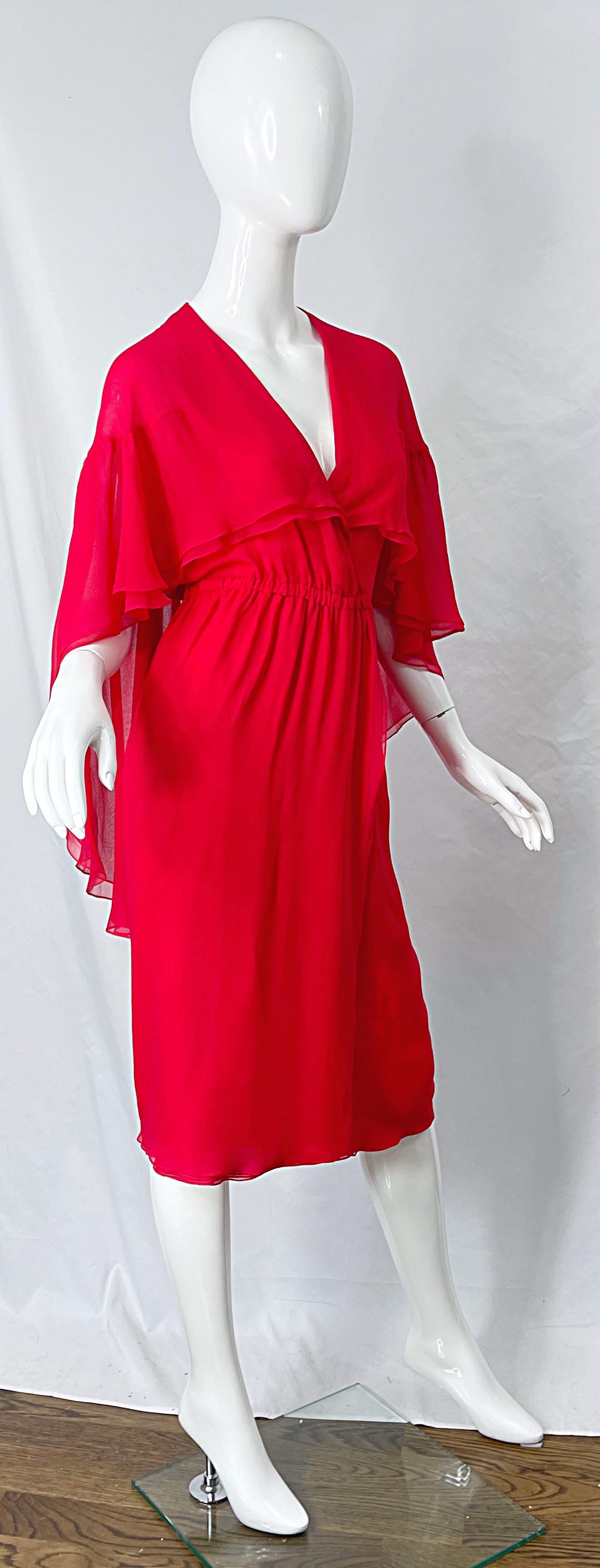1970s Halston Lipstick Red Silk Chiffon Vintage 70s Wrap Cape Dress In Excellent Condition For Sale In San Diego, CA