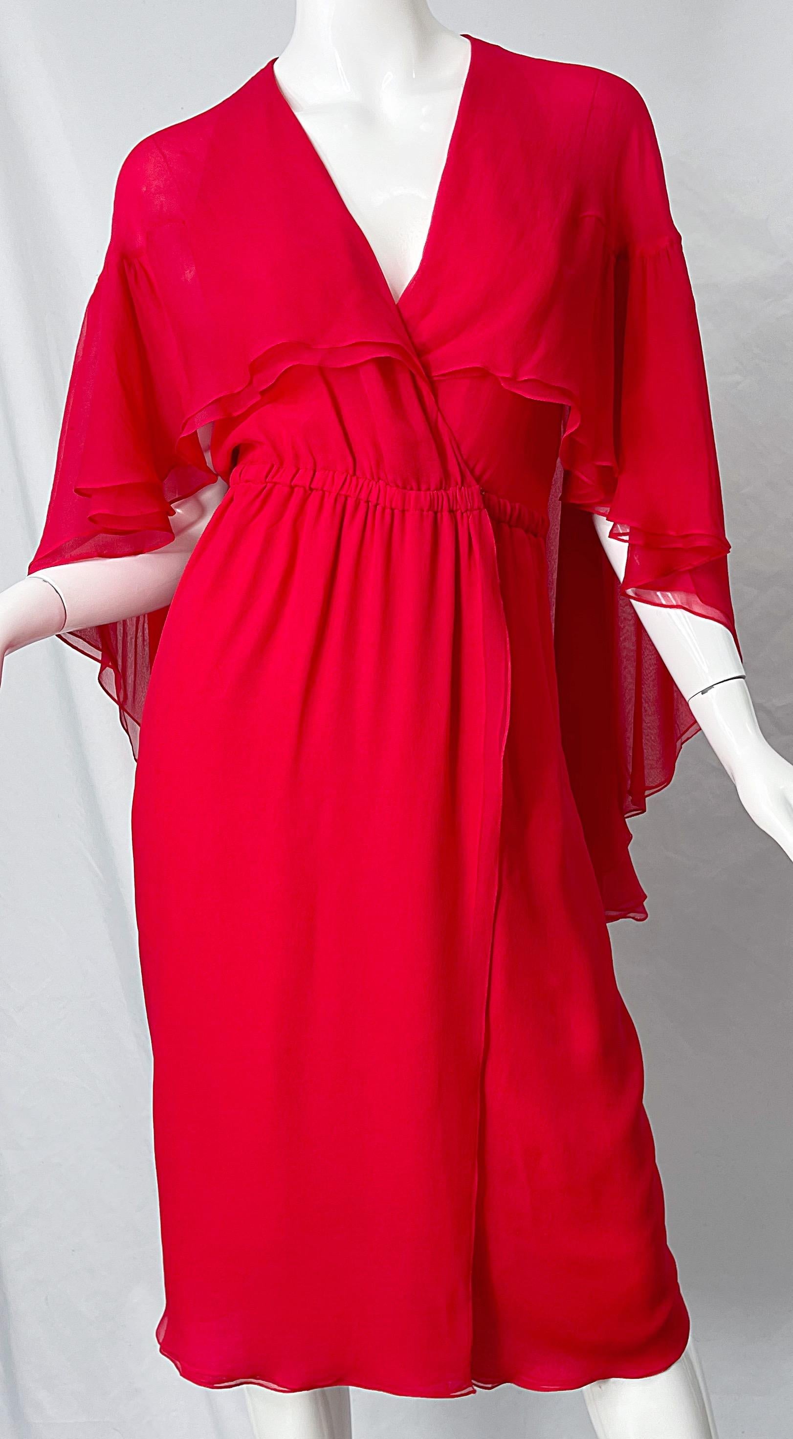 Women's 1970s Halston Lipstick Red Silk Chiffon Vintage 70s Wrap Cape Dress For Sale