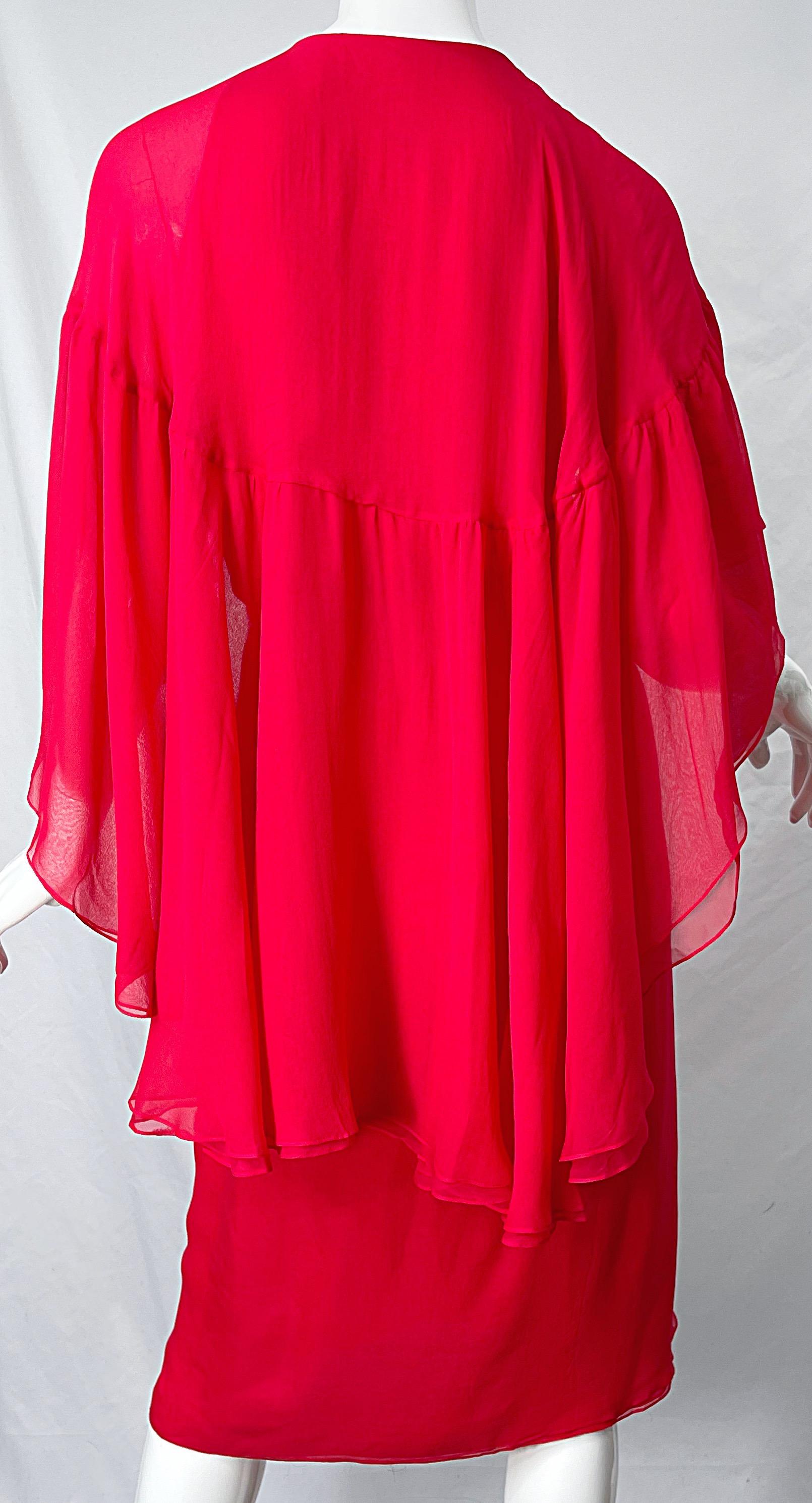 1970s Halston Lipstick Red Silk Chiffon Vintage 70s Wrap Cape Dress For Sale 1