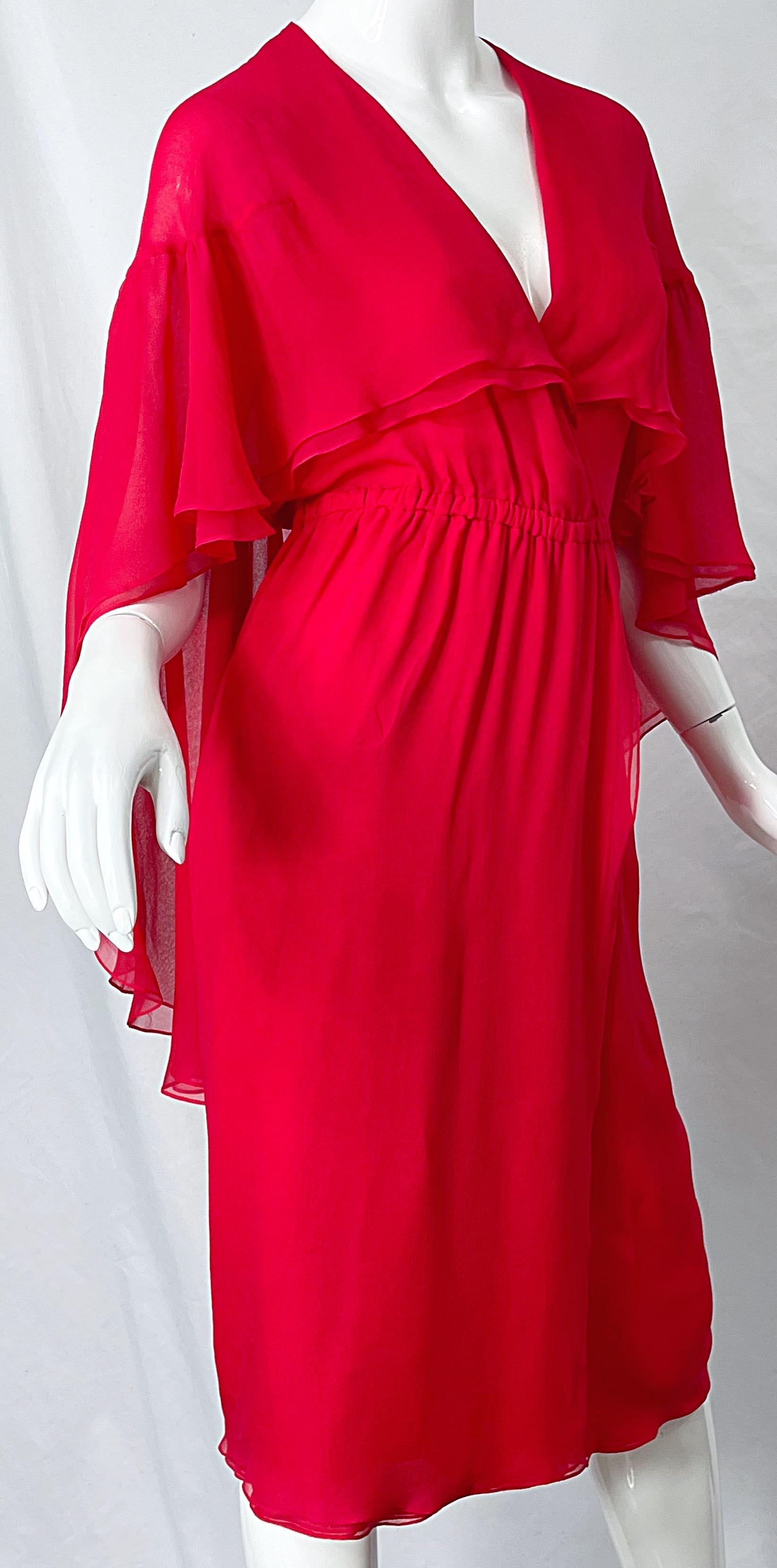 1970s Halston Lipstick Red Silk Chiffon Vintage 70s Wrap Cape Dress For Sale 2