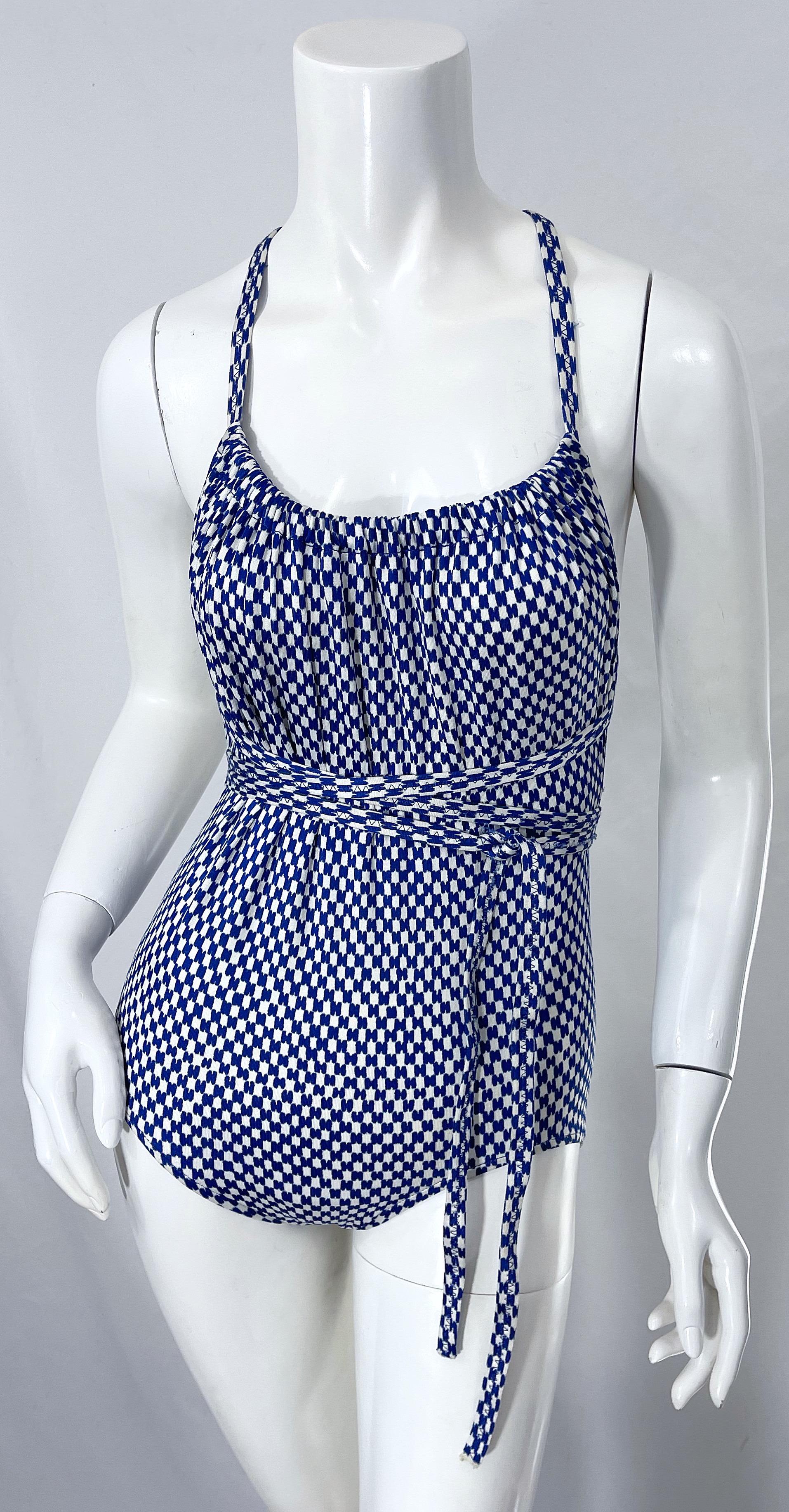 1970s Halston Logo Print Blue White Vintage 70s Wrap One Piece Swimsuit For Sale 9