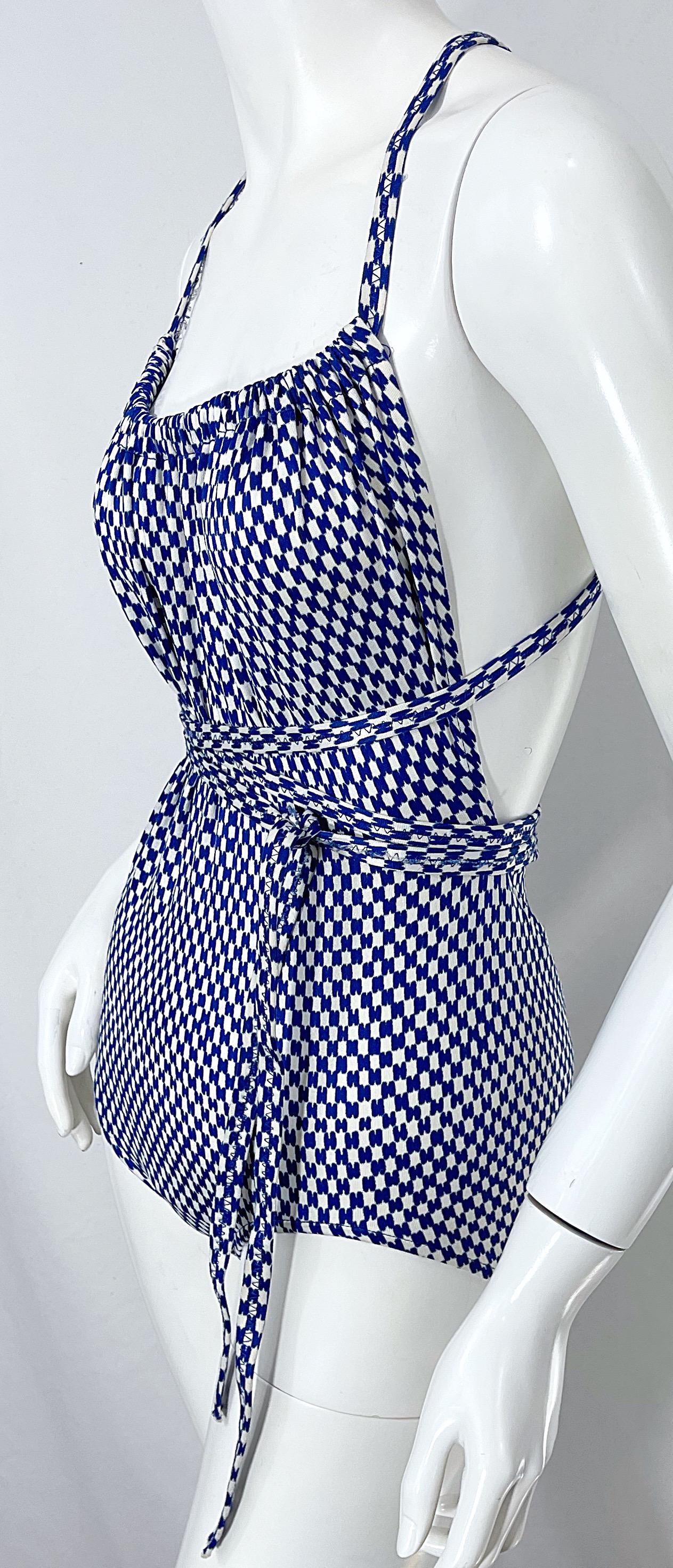 1970s Halston Logo Print Blue White Vintage 70s Wrap One Piece Swimsuit In Excellent Condition For Sale In San Diego, CA