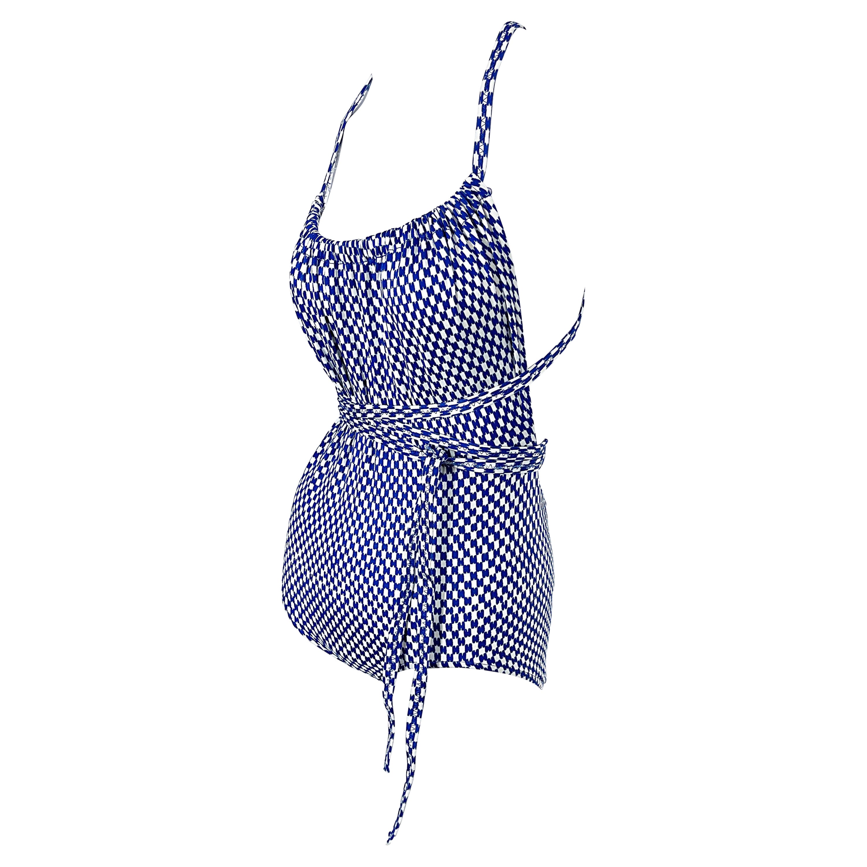 1970er Halston Logo Print Blau Weiß Vintage 70s Wrap One Piece Badeanzug