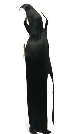 1970's HALSTON micro pleated black gown with deep V