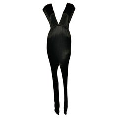 1970's HALSTON micro pleated black gown with deep V