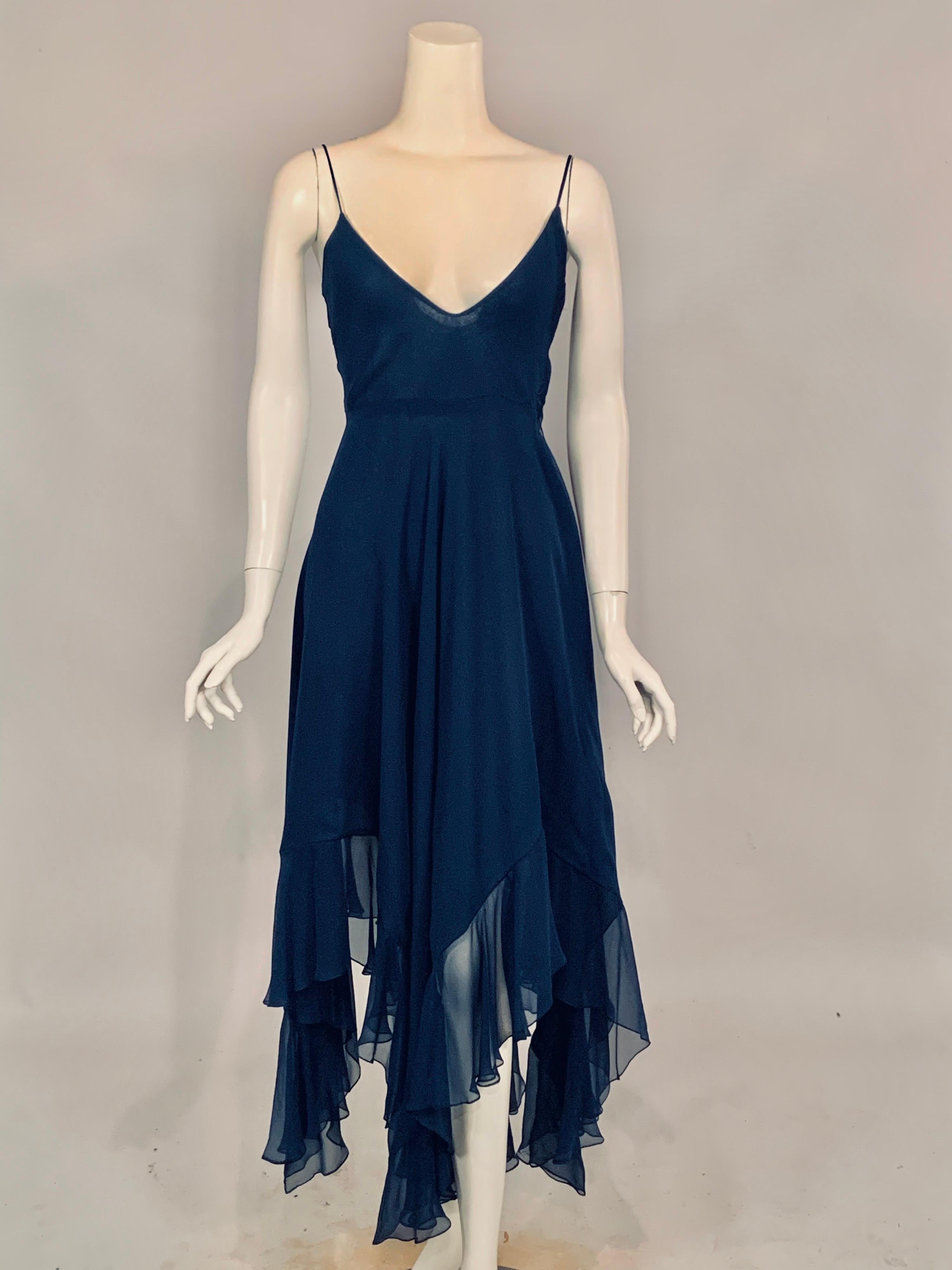 1970's Halston Midnight Blue Silk Chiffon Dress and Cape 5