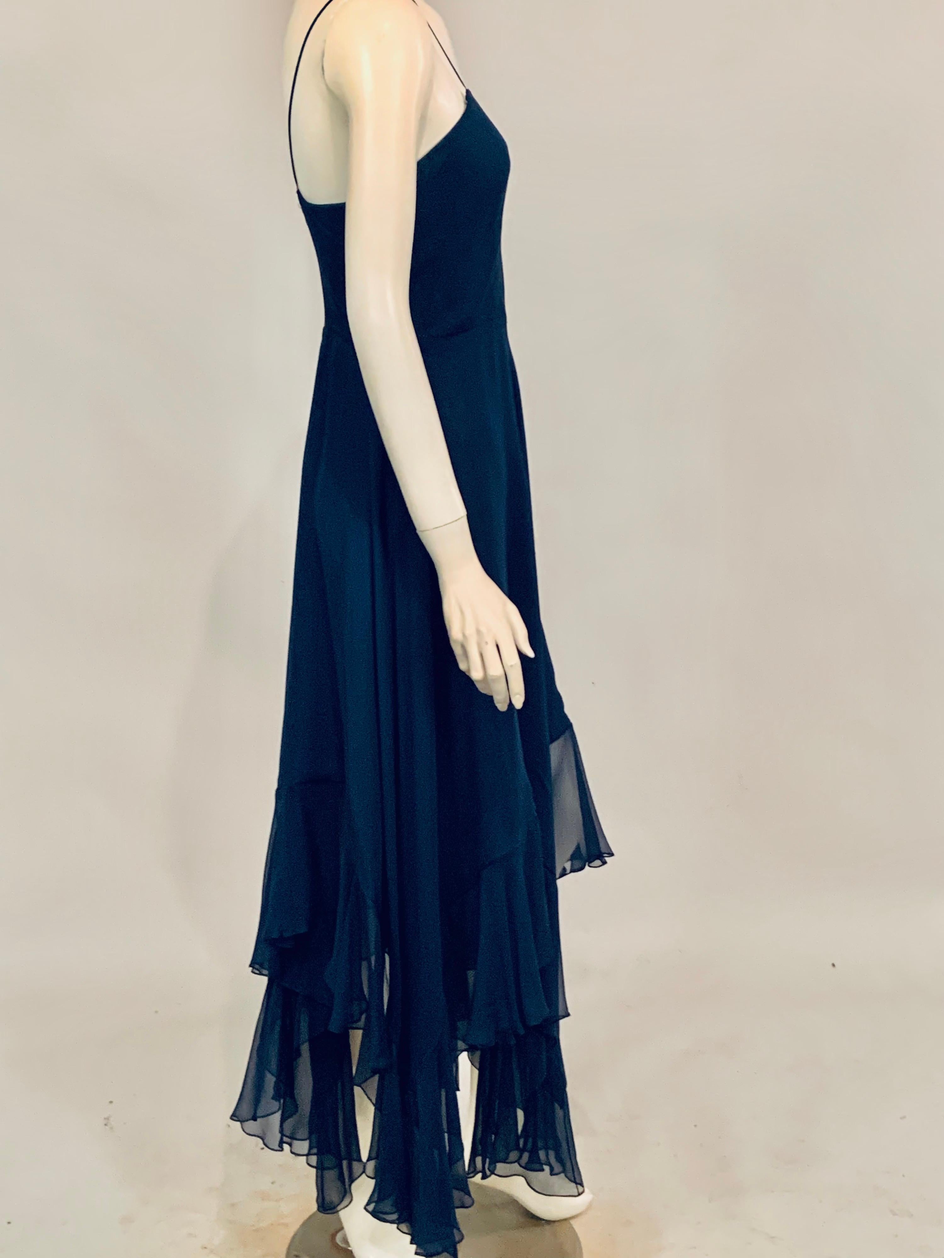 1970's Halston Midnight Blue Silk Chiffon Dress and Cape 7