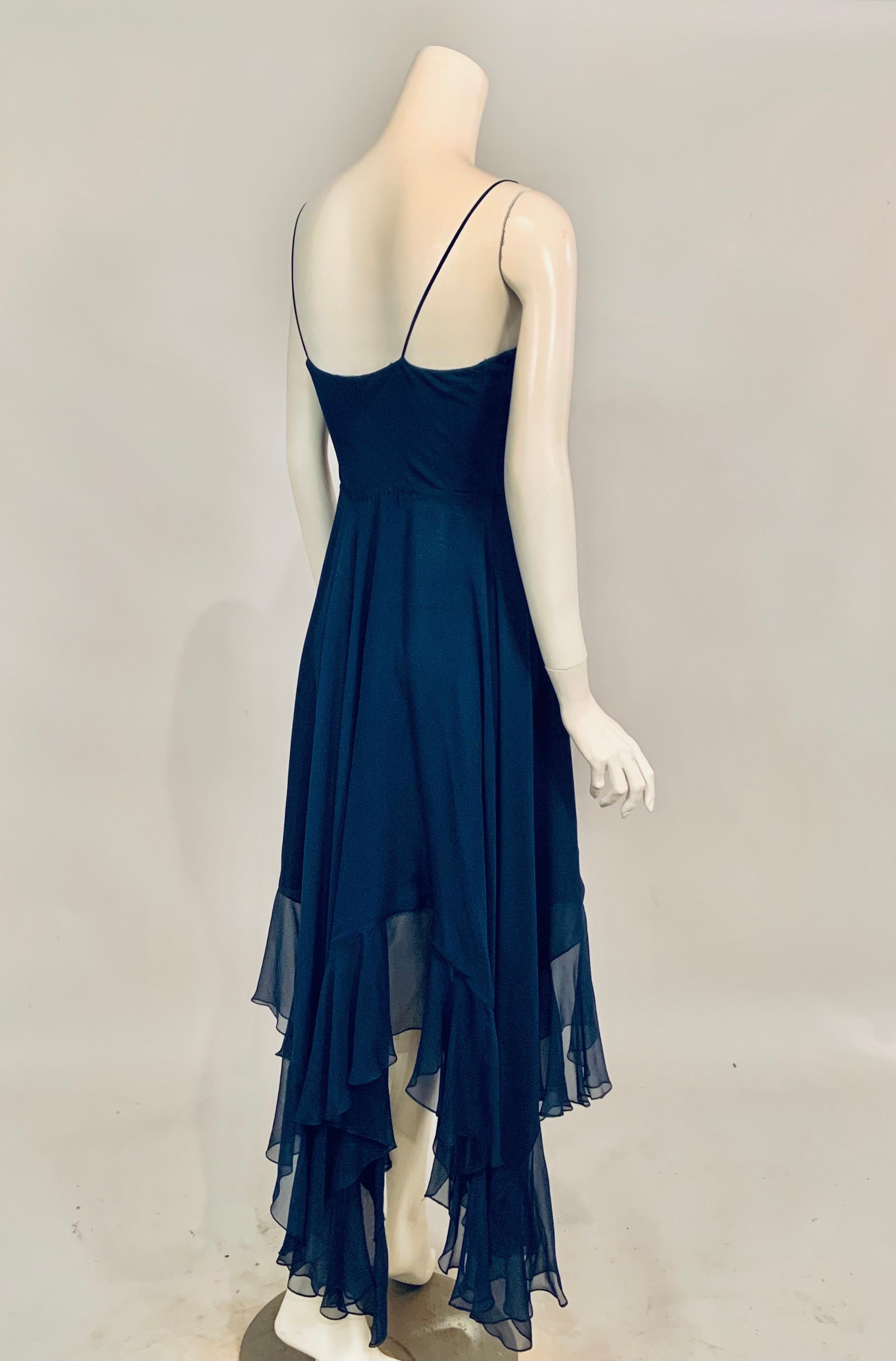 1970's Halston Midnight Blue Silk Chiffon Dress and Cape 8