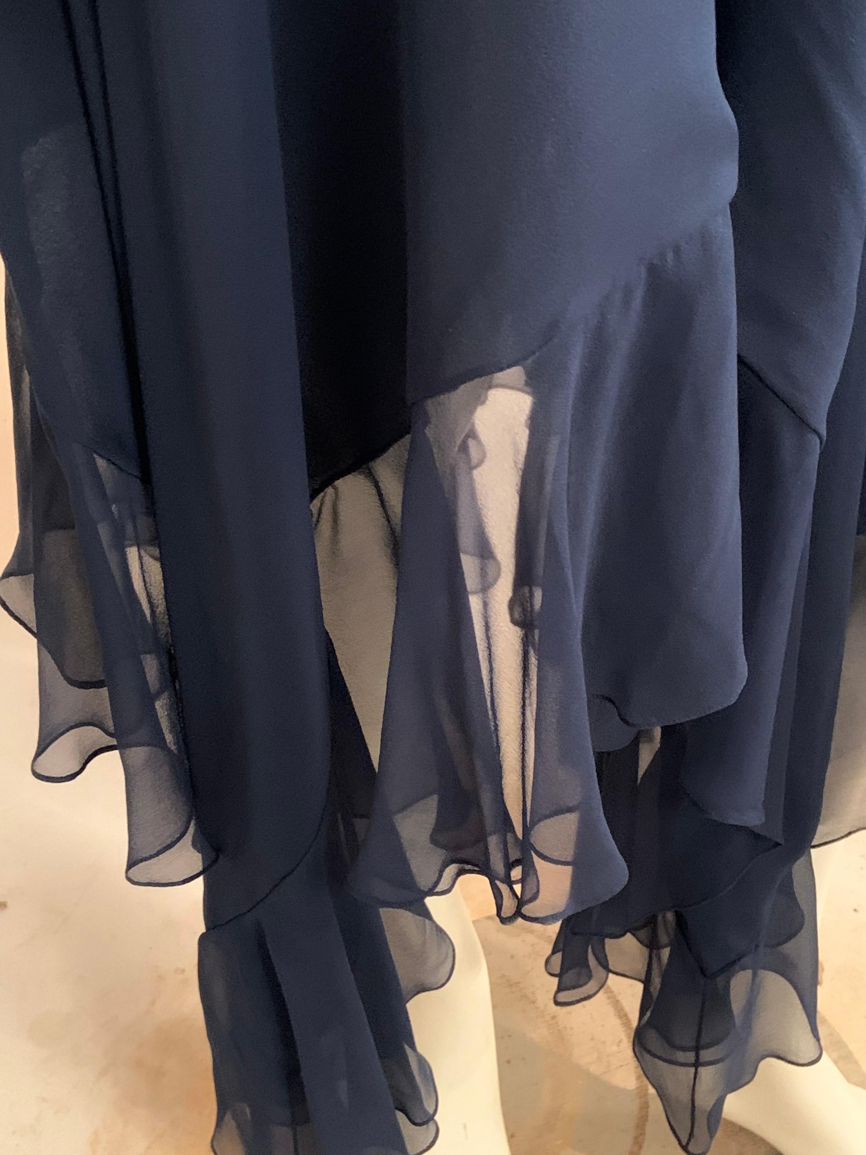 1970's Halston Midnight Blue Silk Chiffon Dress and Cape 9