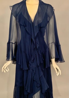 1970's Halston Midnight Blue Silk Chiffon Dress and Cape