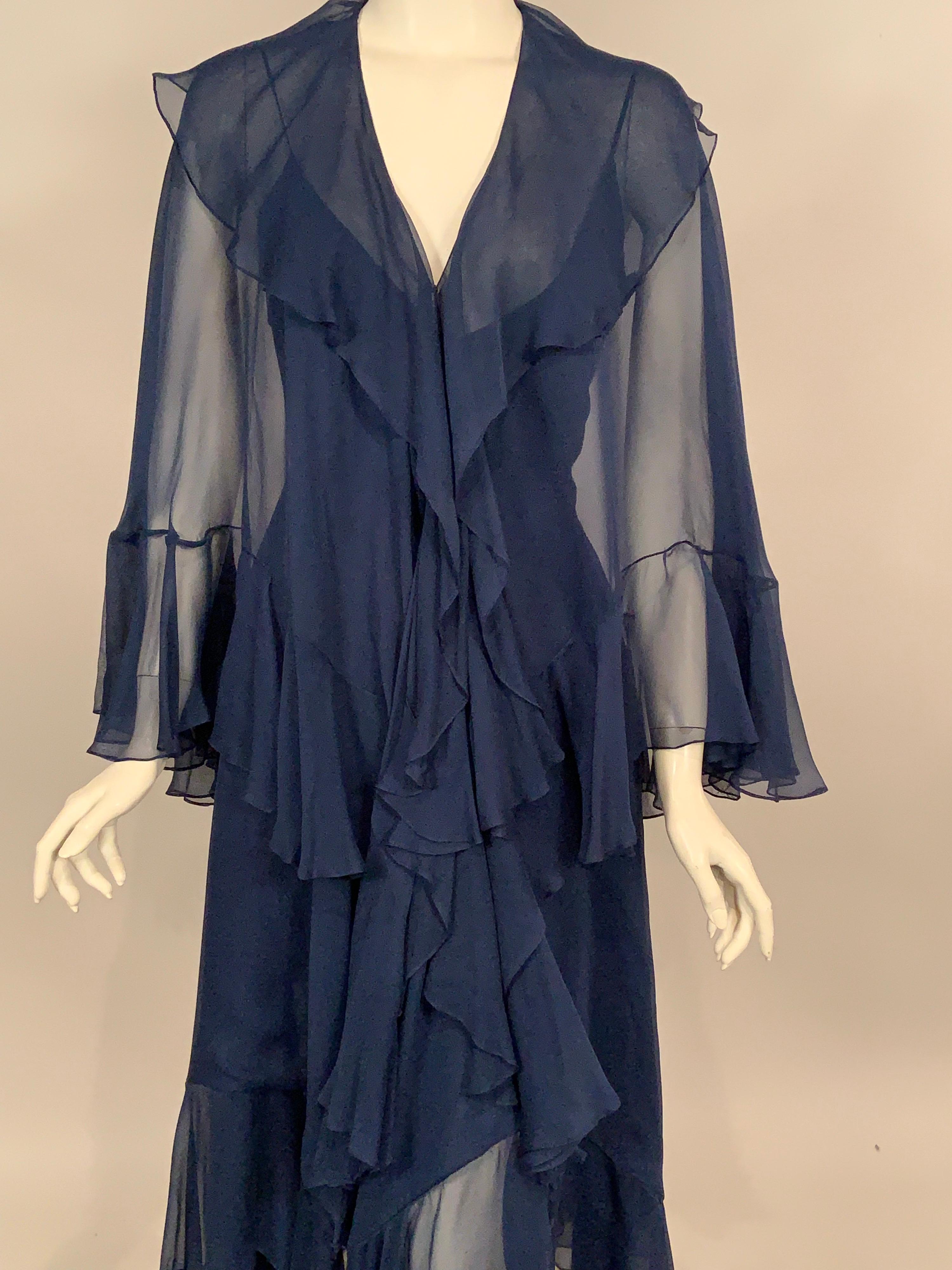 Black 1970's Halston Midnight Blue Silk Chiffon Dress and Cape