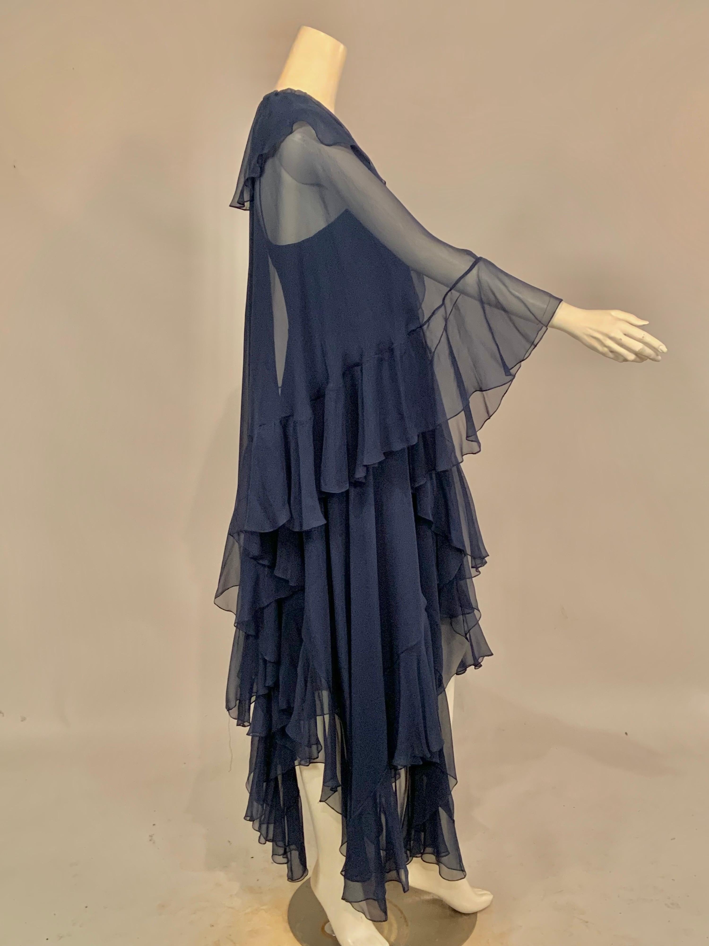 1970's Halston Midnight Blue Silk Chiffon Dress and Cape In Fair Condition In New Hope, PA