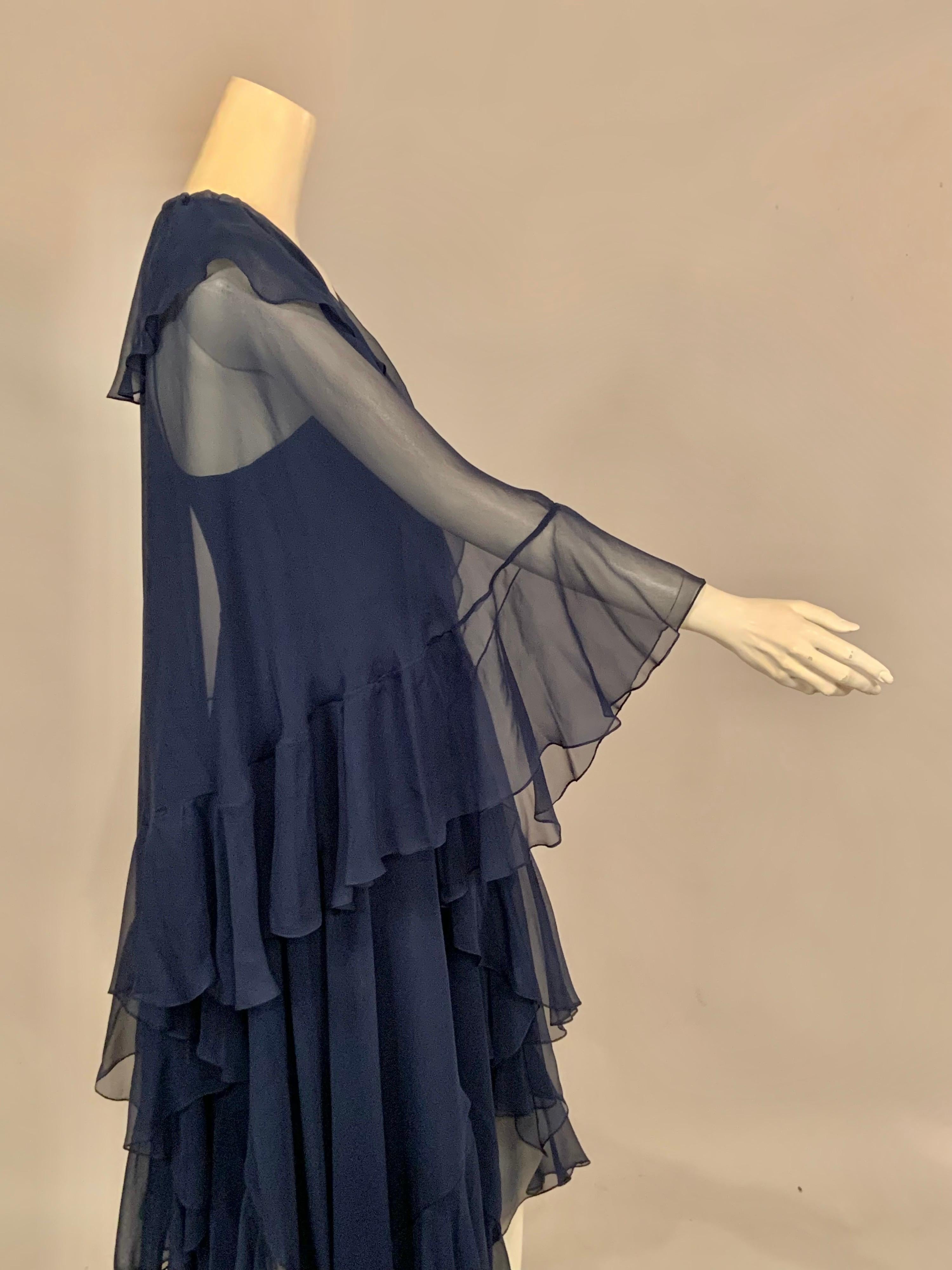 Women's 1970's Halston Midnight Blue Silk Chiffon Dress and Cape