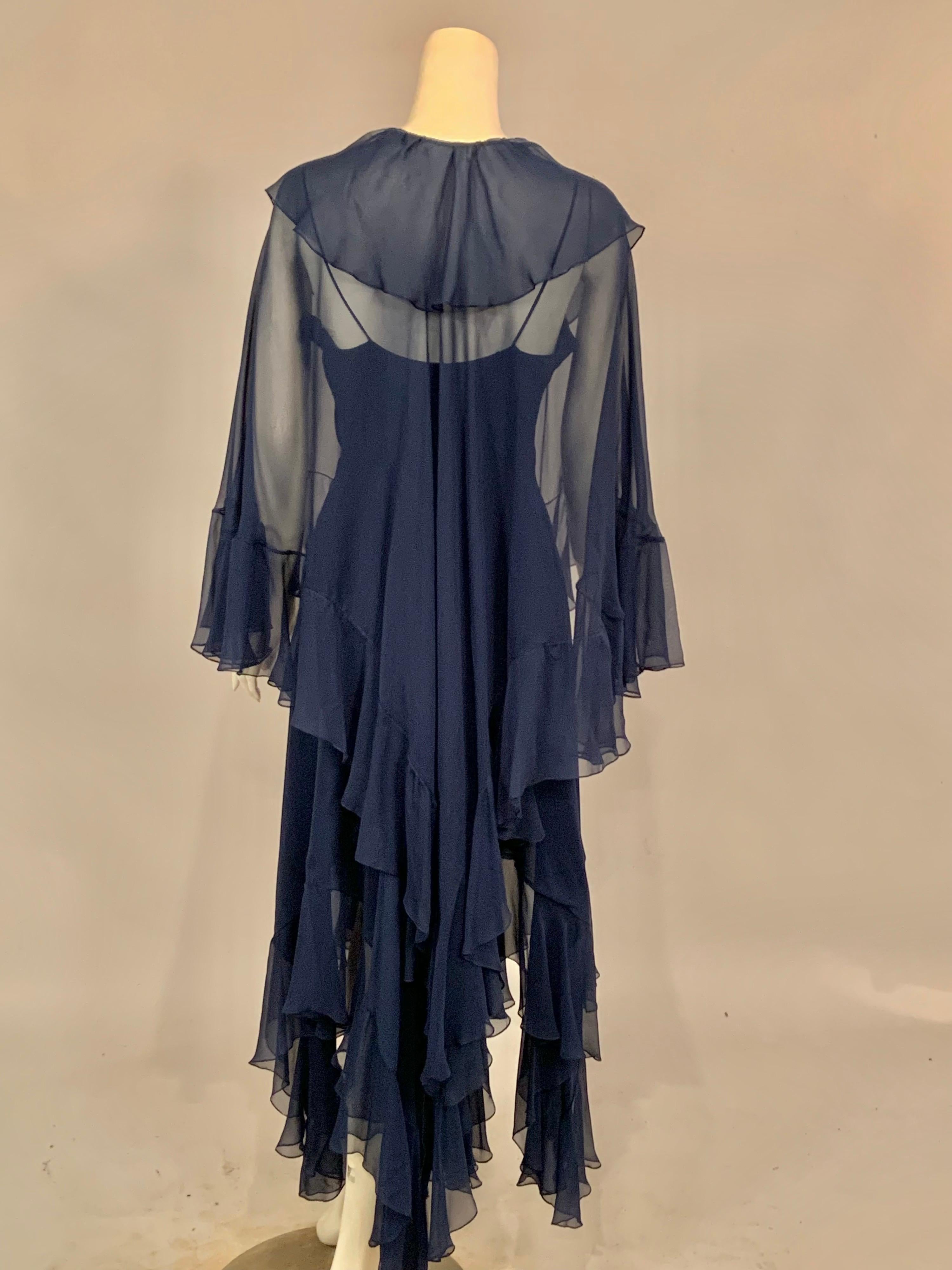 1970's Halston Midnight Blue Silk Chiffon Dress and Cape 1