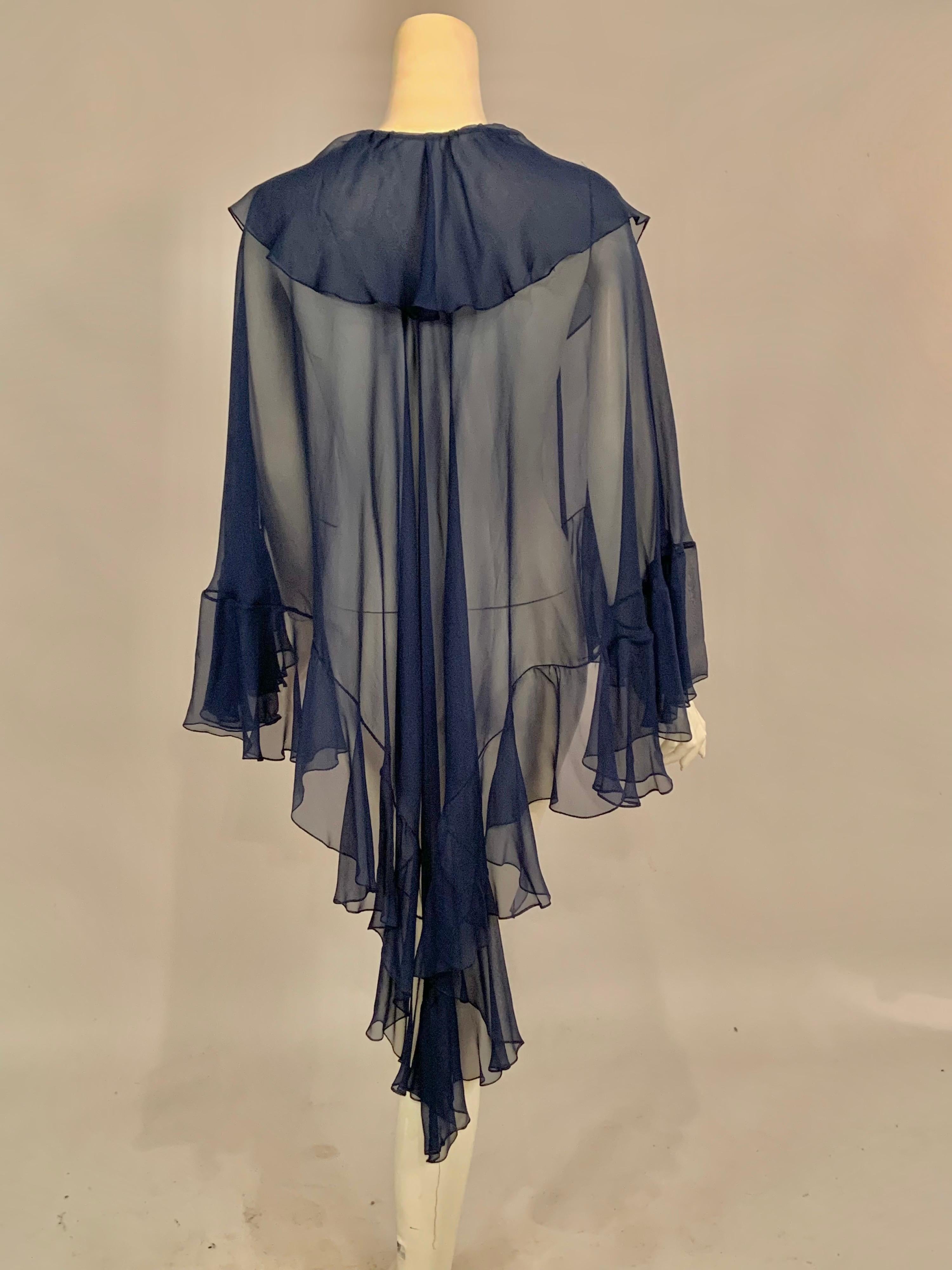 1970's Halston Midnight Blue Silk Chiffon Dress and Cape 2