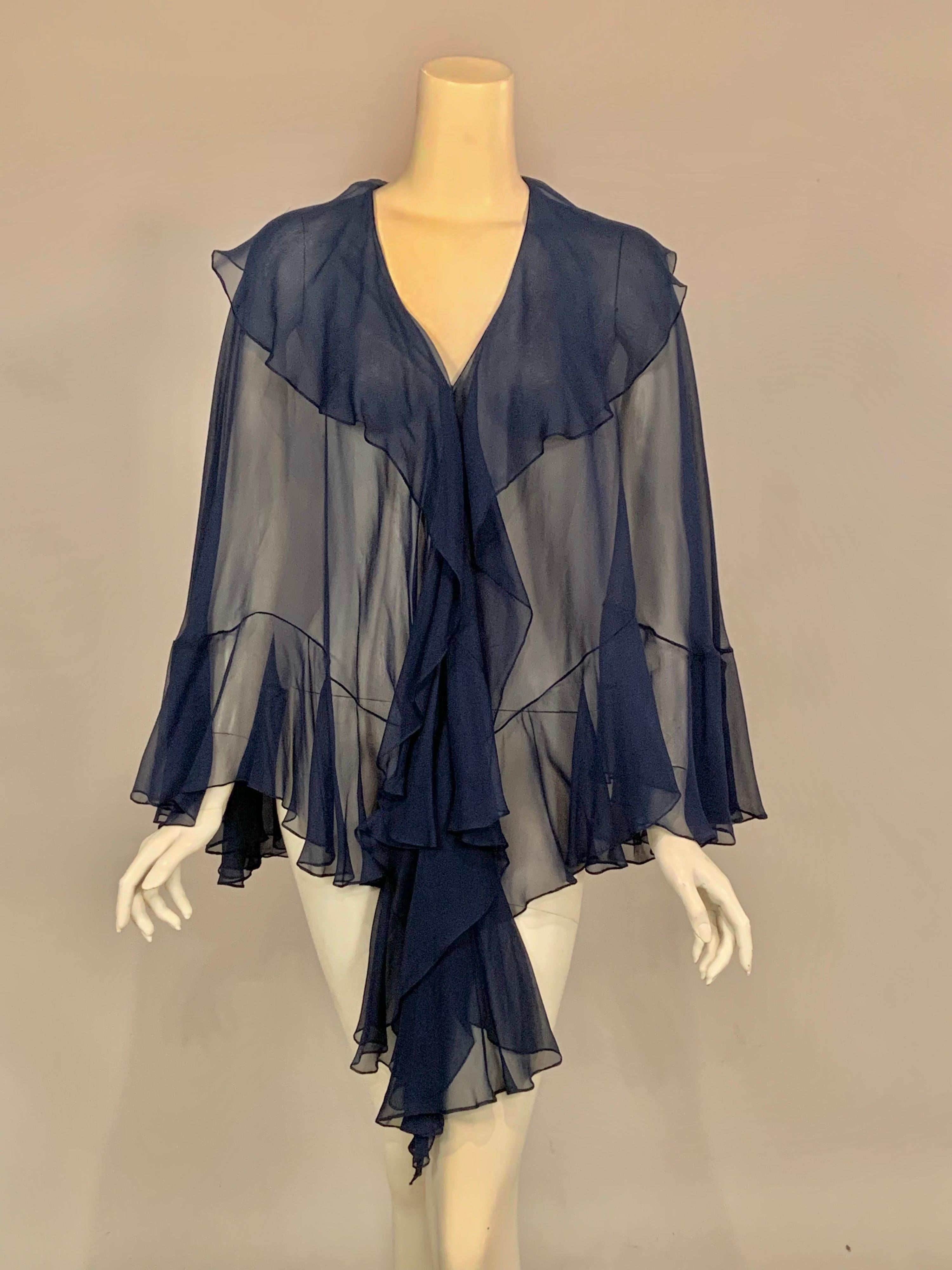 1970's Halston Midnight Blue Silk Chiffon Dress and Cape 3