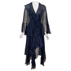 1970's Halston Midnight Blue Silk Chiffon Dress and Cape