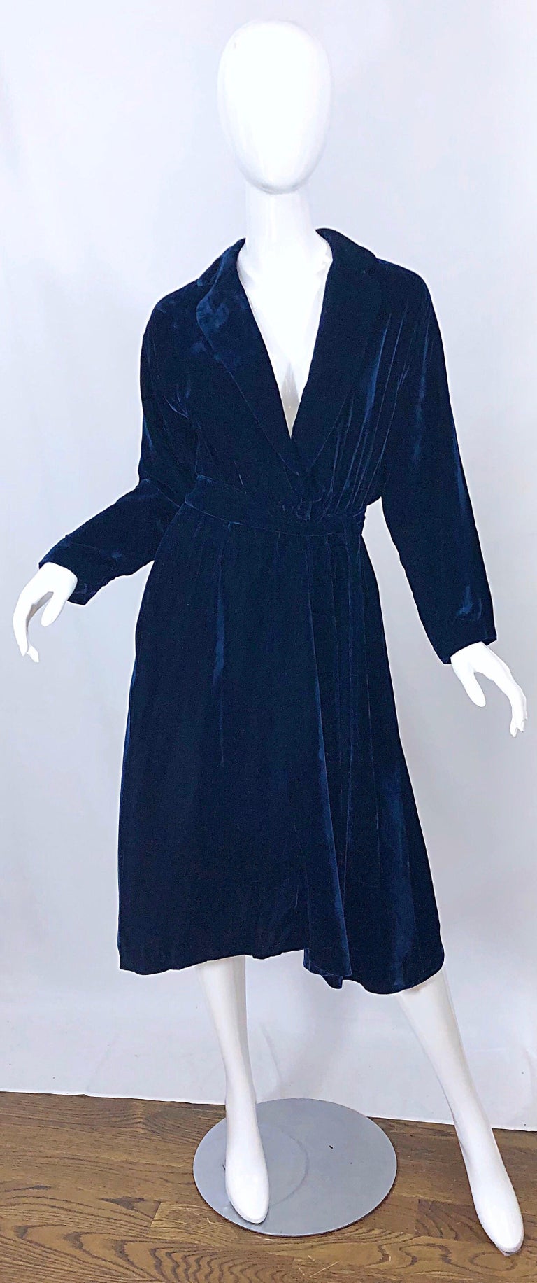 1970s Halston Midnight Navy Blue Silk Velvet Vintage 70s Plunge Faux Wrap Dress