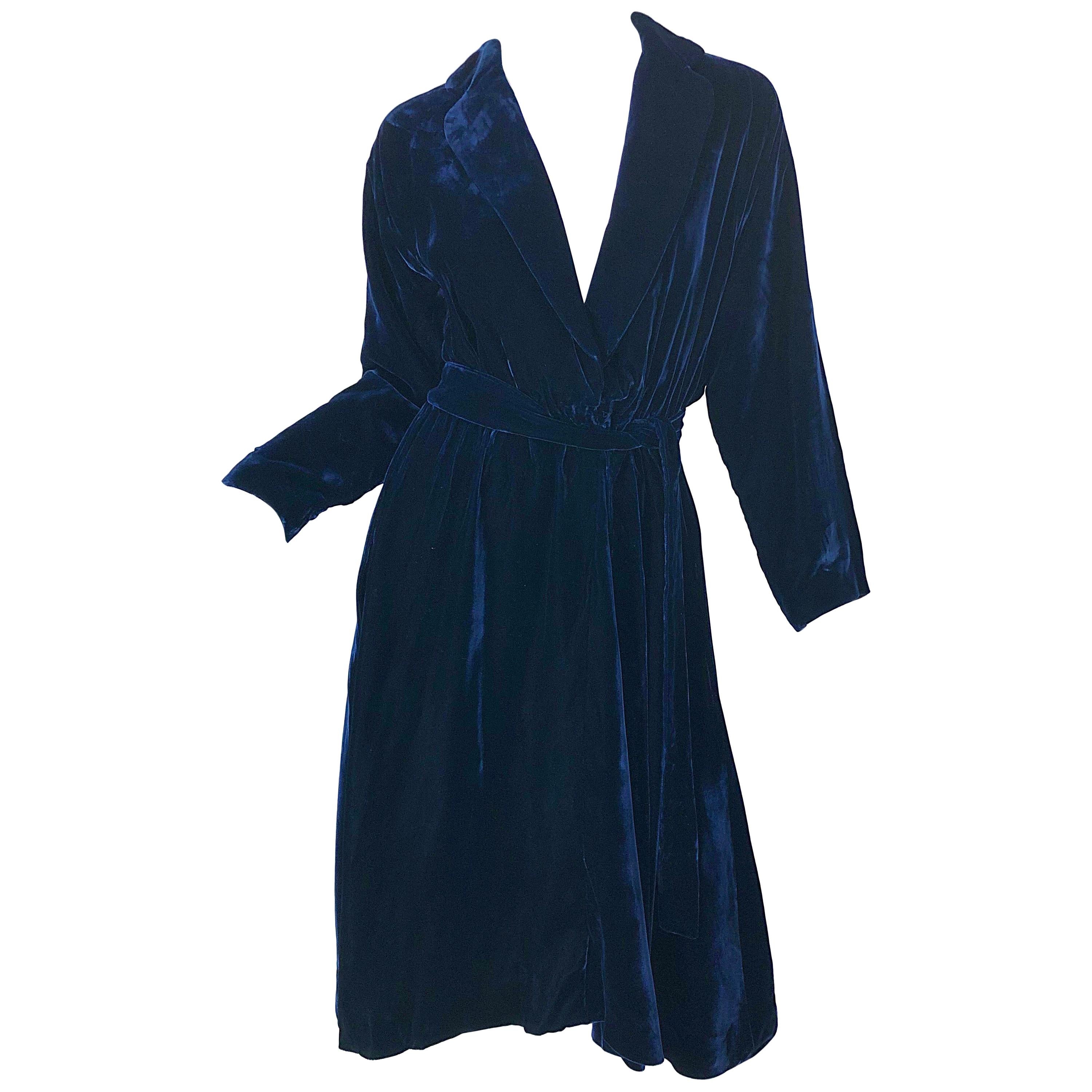 1970s Halston Midnight Navy Blue Silk Velvet Vintage 70s Plunge Faux Wrap Dress For Sale