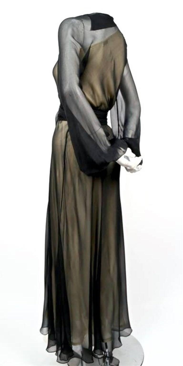 Black 1970's HALSTON navy silk chiffon asymmetrical gown with sash