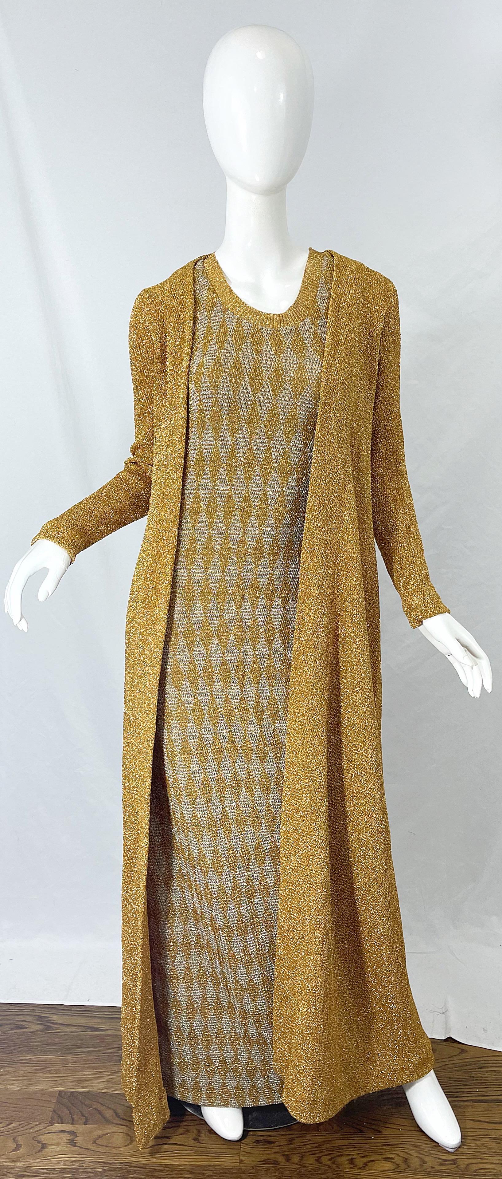 NWT 1970s Halston MET Museum Gold Silver 70s Vintage Lurex Gown + Duster Sweater For Sale 12