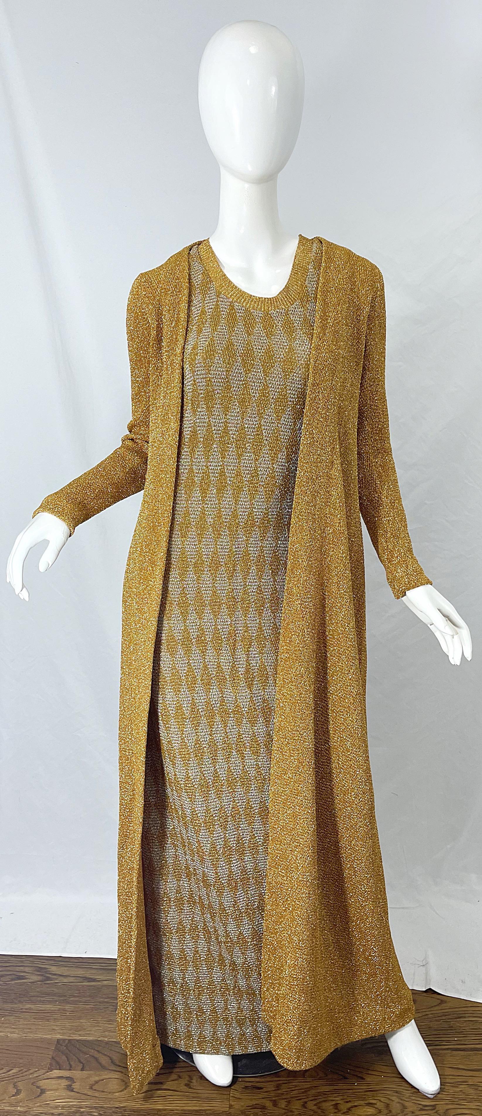 Brown NWT 1970s Halston MET Museum Gold Silver 70s Vintage Lurex Gown + Duster Sweater For Sale