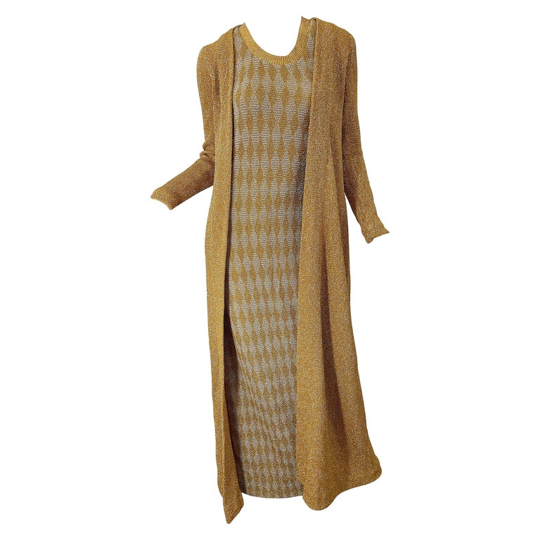 Nwt 1970s Halston Met Museum Gold Silver 70s Vintage Lurex Gown + Duster Sweater