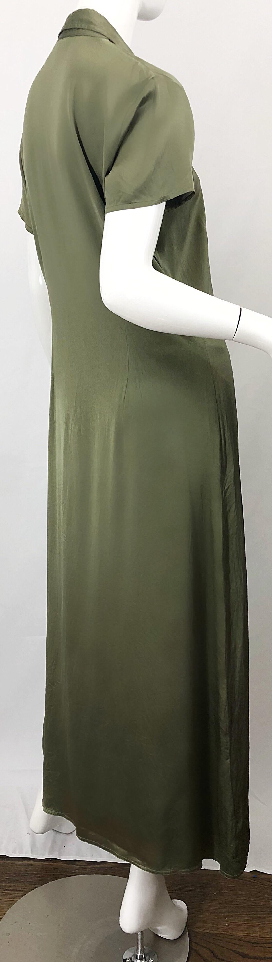 1970s Halston Olive Green Liquid Silk Vintage 70s Short Sleeve Maxi Shirt Dress 2