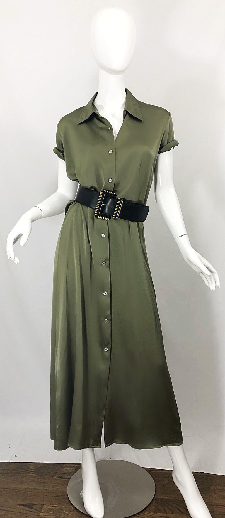 1970s Halston Olive Green Liquid Silk Vintage 70s Short Sleeve Maxi