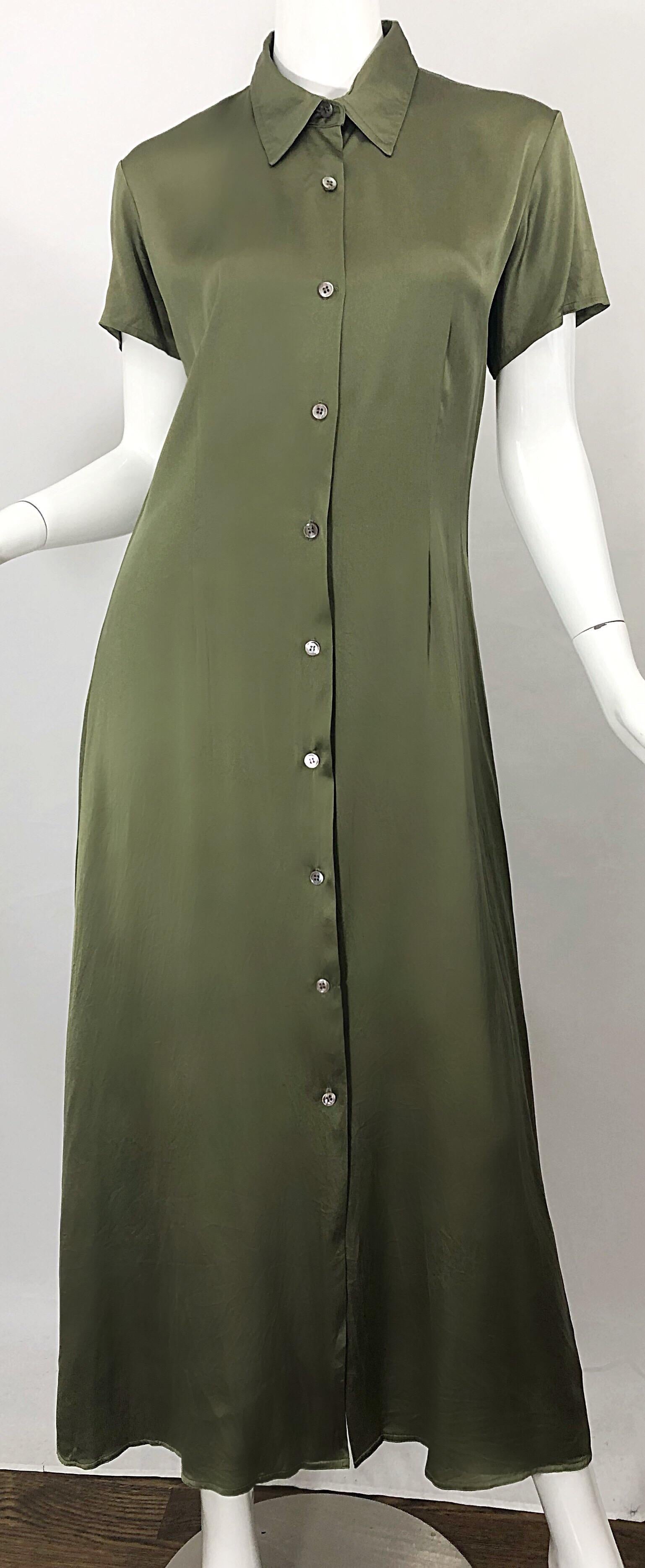 Gray 1970s Halston Olive Green Liquid Silk Vintage 70s Short Sleeve Maxi Shirt Dress