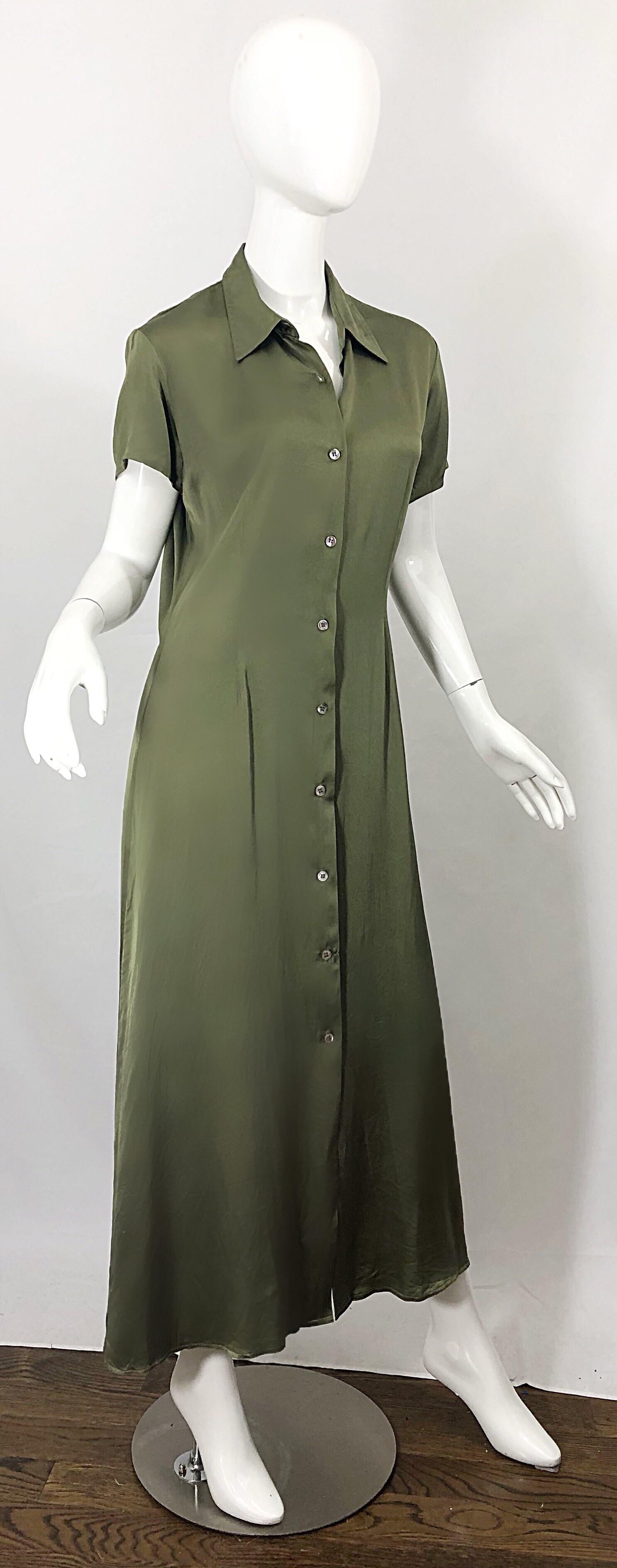 1970s Halston Olive Green Liquid Silk Vintage 70s Short Sleeve Maxi Shirt Dress In Excellent Condition In San Diego, CA