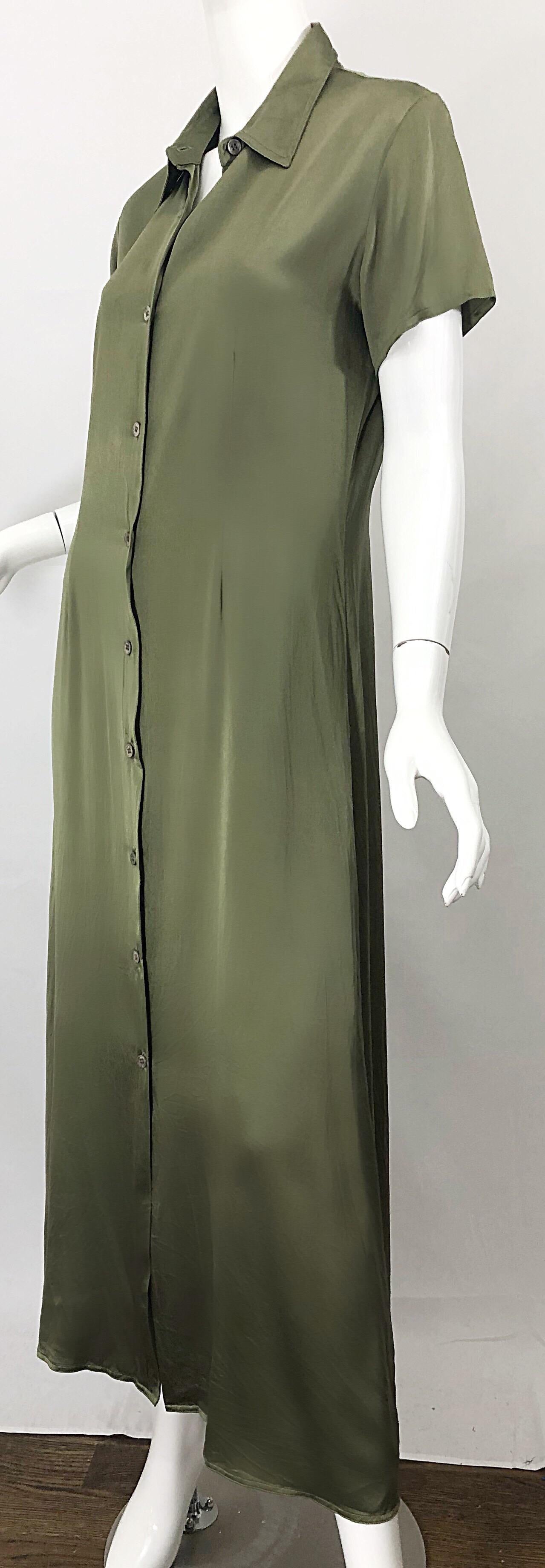 1970s Halston Olive Green Liquid Silk Vintage 70s Short Sleeve Maxi Shirt Dress 1
